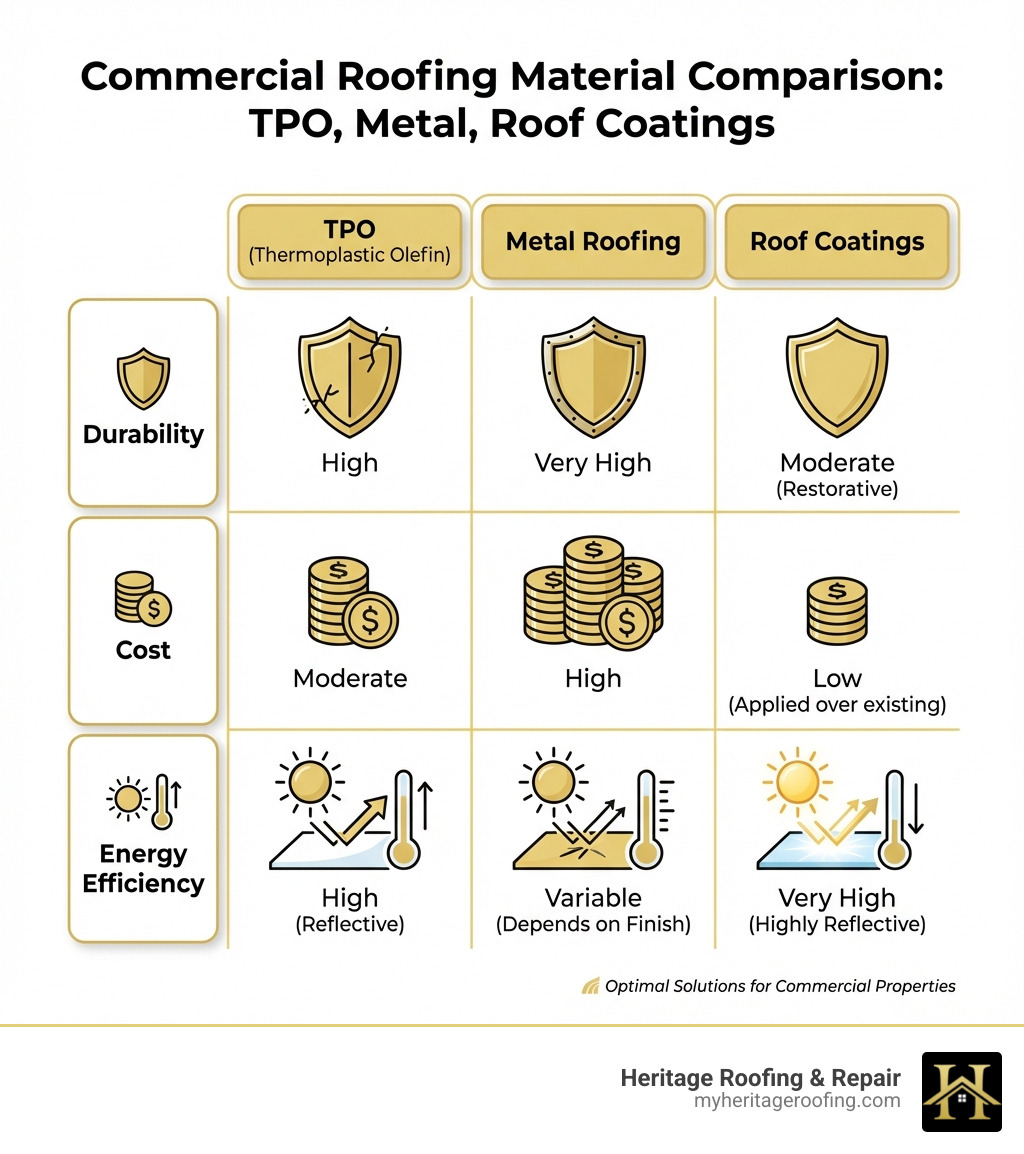 table comparing TPO, Metal, and Roof Coatings on durability, cost, and energy efficiency - roofing farmington infographic table comparing TPO, Metal, and Roof Coatings on durability, cost, and energy efficiency - roofing farmington infographic