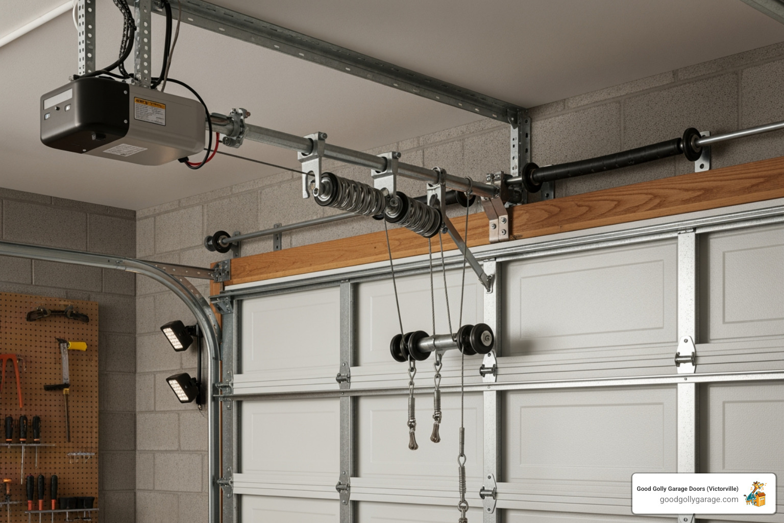 Infographic explaining the basic components of a garage door system, including the door panels, tracks, springs (torsion and extension), cables, rollers, hinges, opener motor, safety sensors, and remote control - good golly garage doors near me in hesperia ca