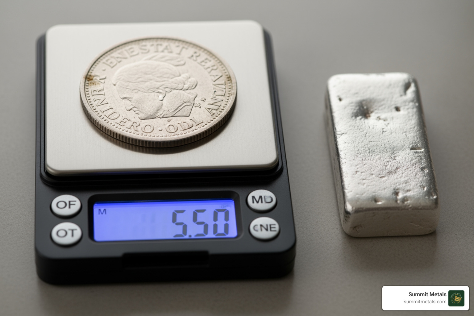 of a silver coin on a scale next to a silver bar to visually differentiate coin from raw metal - sell coins for melt value
