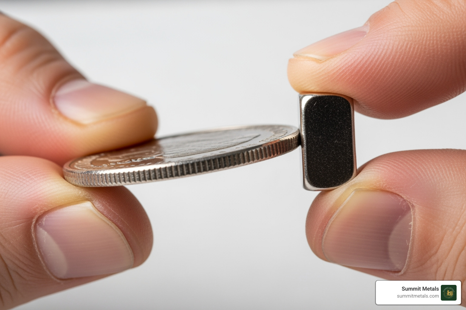 of a person using a magnet to test a silver coin, demonstrating the non-magnetic property - sell coins for melt value