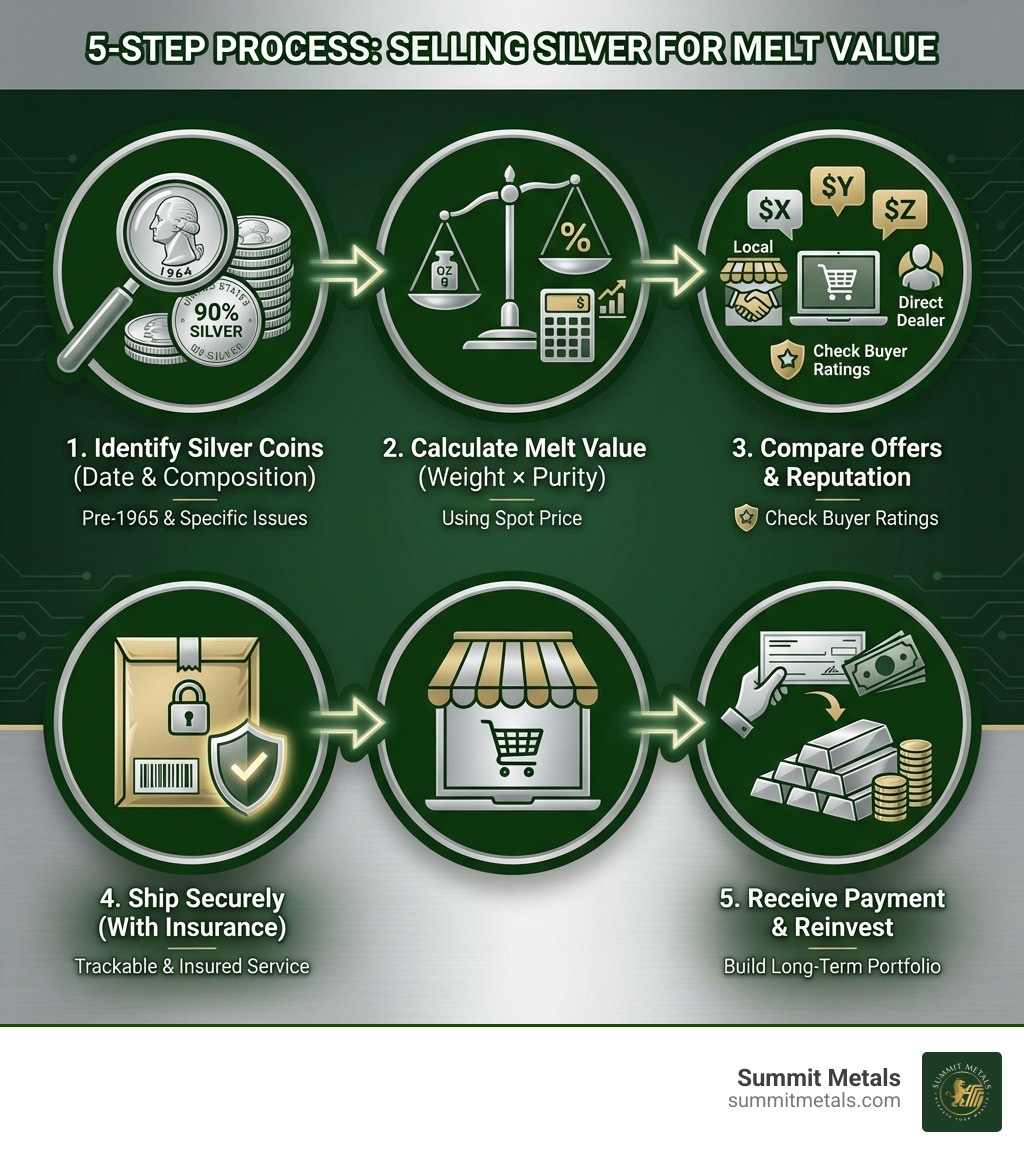 Infographic showing 5-step process: 1. Identify silver coins by date and composition, 2. Calculate melt value using weight and purity, 3. Compare buyer offers and reputation, 4. Ship securely with insurance, 5. Receive payment and consider reinvesting - sell coins for melt value infographic 