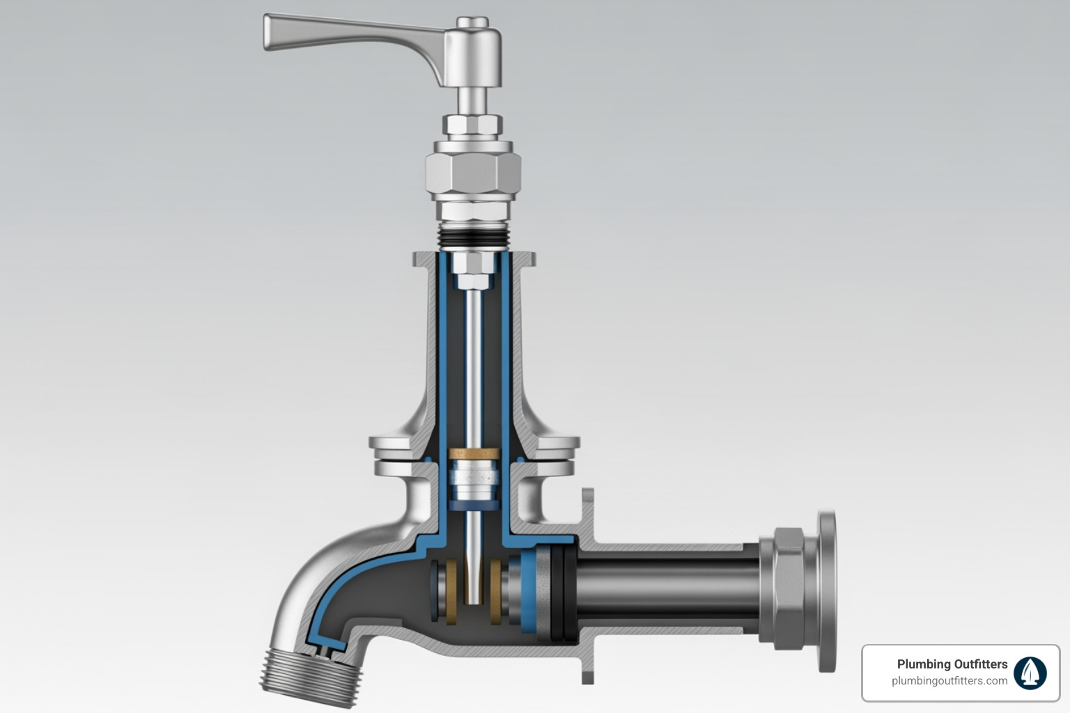 Infographic showing the anatomy of a frost-proof outdoor faucet, including the handle, packing nut, valve stem, washer assembly, spout, and interior shut-off valve location, with labels indicating common failure points like worn washers and loose connections - "Who can I call for an outdoor faucet repair in the Georgetown area? Cutaway diagram of an outdoor faucet showcasing internal components and plumbing connections, emphasizing the importance of maintenance and repair for effective water management in Central Texas.
