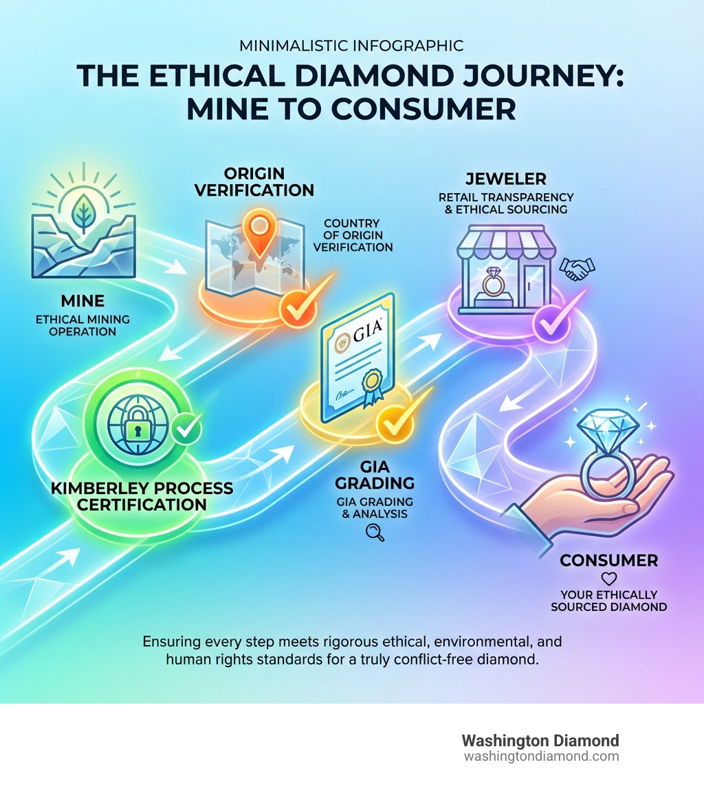 infographic showing the journey of an ethically sourced diamond from mine to certification to jeweler to consumer, with checkpoints for Kimberley Process certification, country of origin verification, GIA grading, and final retail transparency - conflict free diamonds DC infographic 