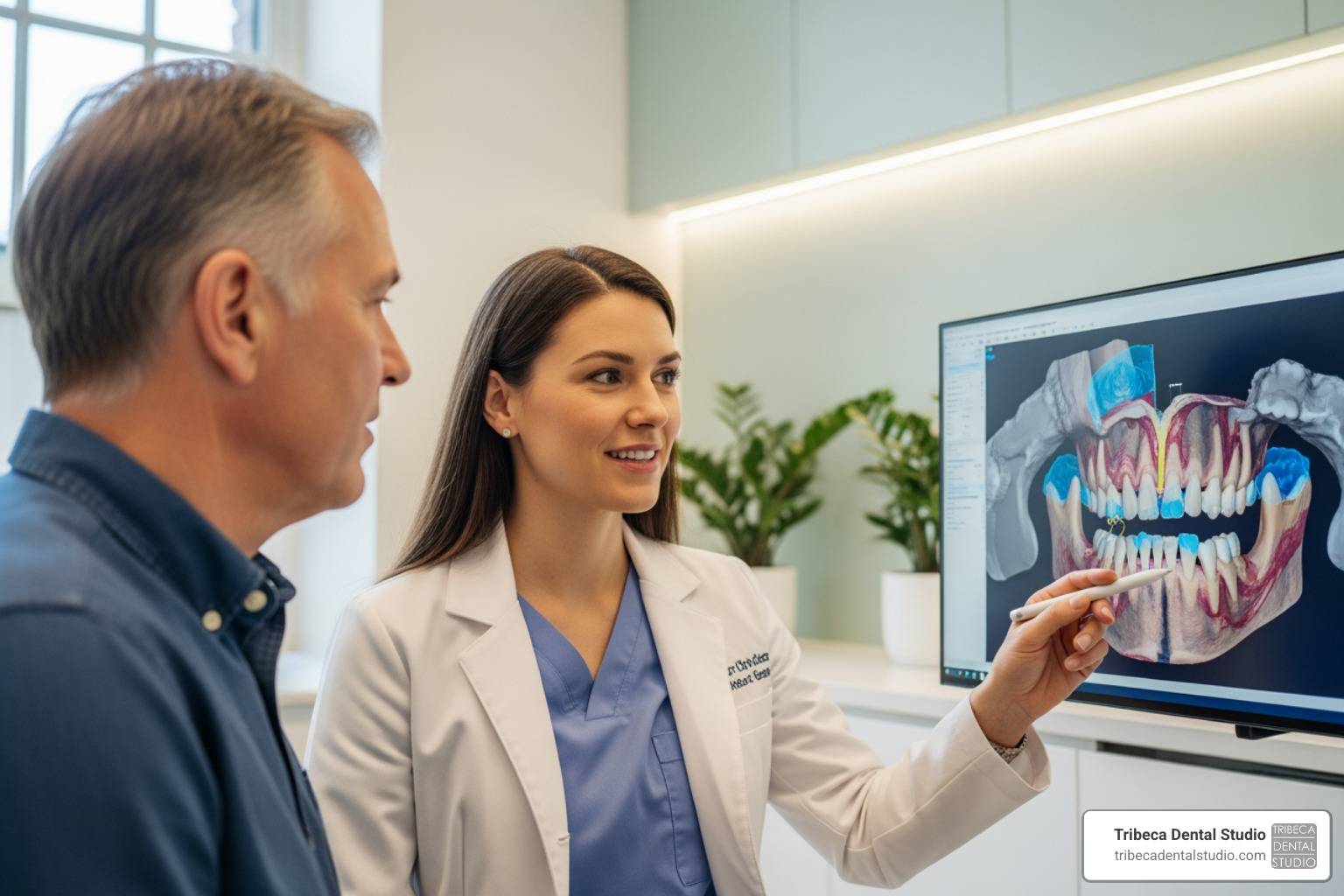 image of a dental professional explaining a CBCT scan to a patient - Zygomatic dental implants