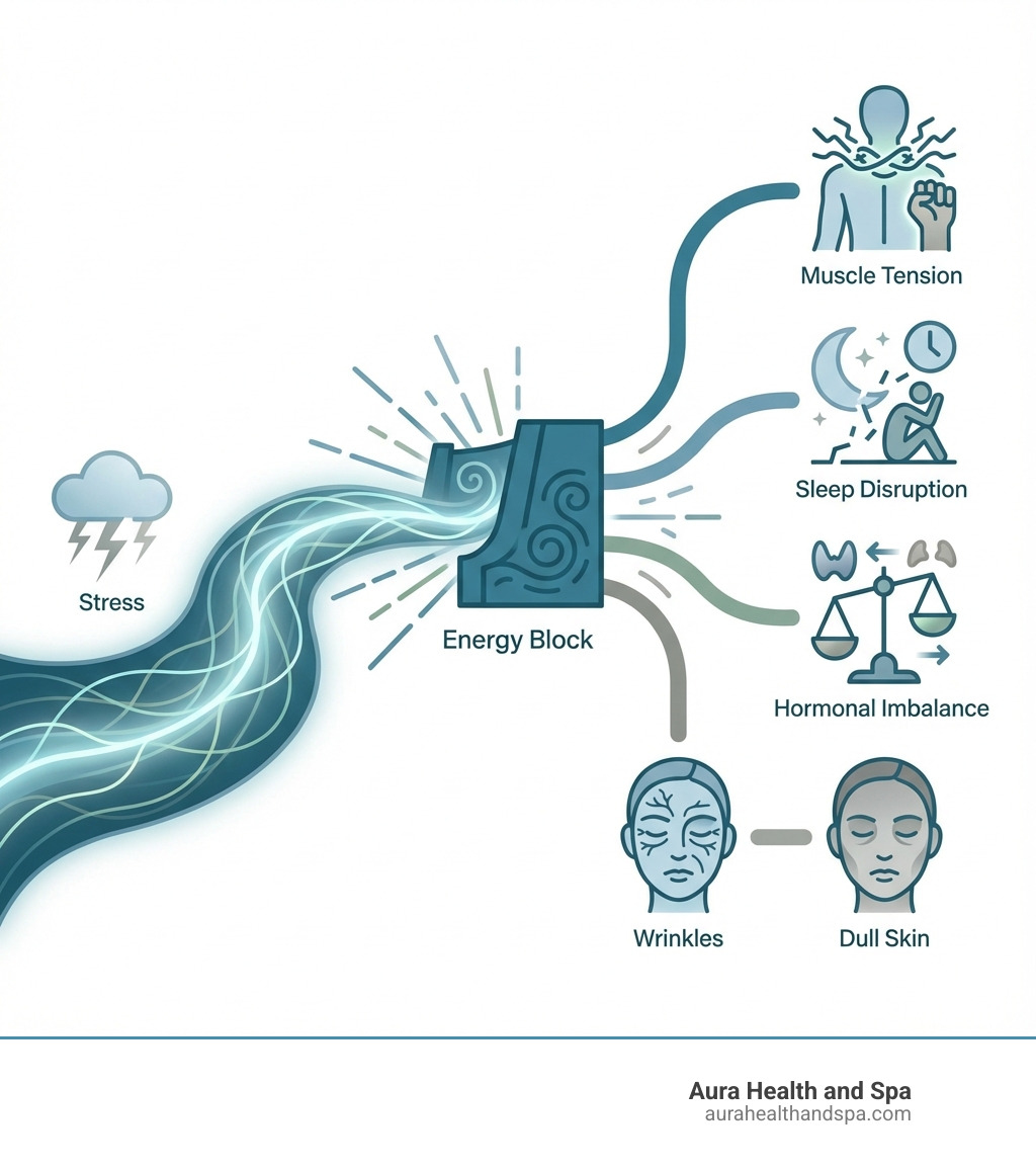 infographic showing how stress creates energy blocks leading to physical symptoms including muscle tension, sleep disruption, hormonal imbalance, and visible aging signs like wrinkles and dull skin - Energy block release infographic 