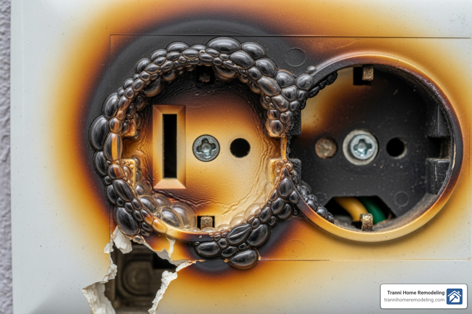 A close-up image of a discolored, slightly melted electrical outlet, indicating overheating and a potential fire hazard. - residential electrical service