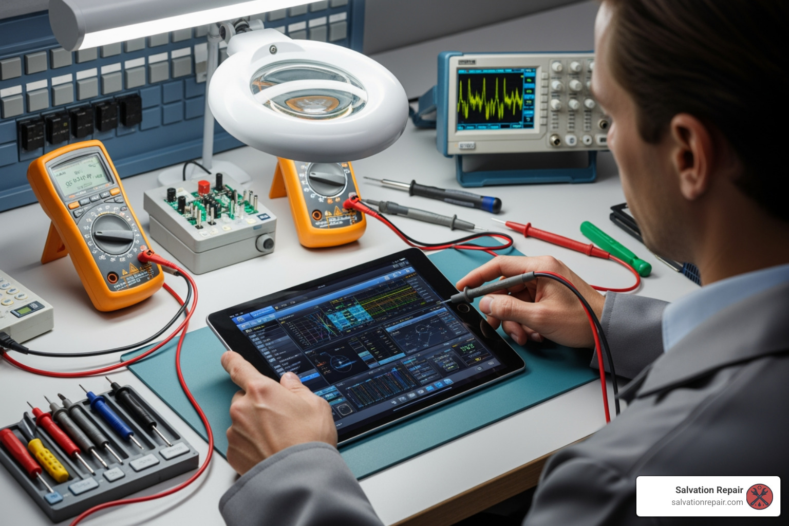 A technician examining an iPad with diagnostic tools - ipad repair hattiesburg ms