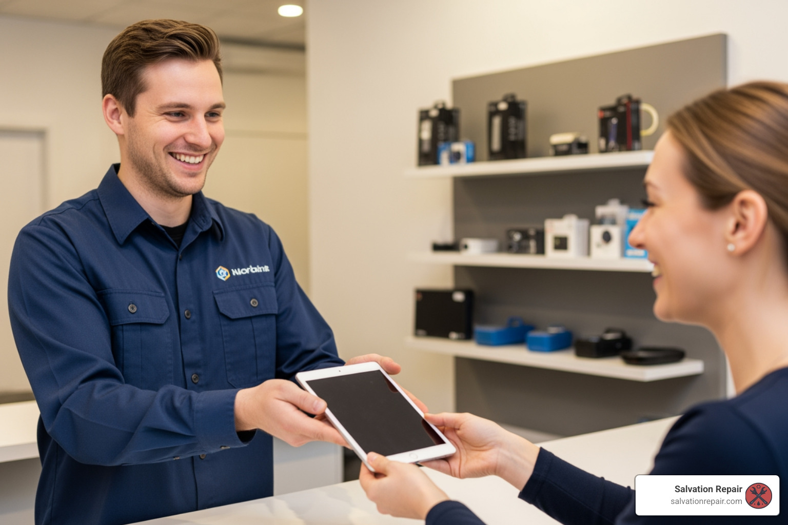 A friendly technician handing a repaired iPad back to a happy customer - ipad repair hattiesburg ms
