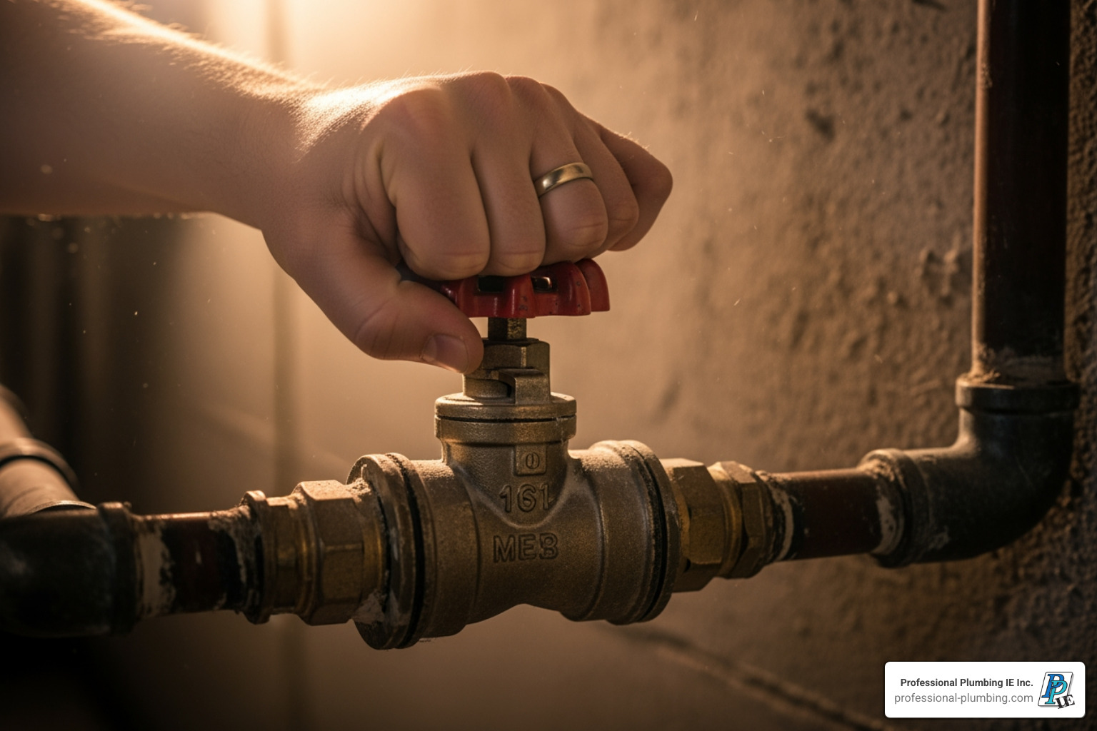 hand turning a main water shut-off valve - main line leak repair hand turning a main water shut-off valve - main line leak repair