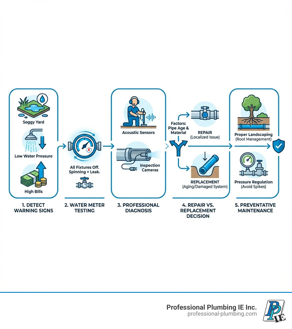 Infographic showing the complete main line leak repair process: from detecting warning signs (soggy yard, low pressure, high bills) to water meter testing, professional diagnosis using acoustic sensors and cameras, deciding between repair vs. replacement based on pipe age and material, and preventative maintenance tips including proper landscaping and pressure regulation - main line leak repair infographic Infographic showing the complete main line leak repair process: from detecting warning signs (soggy yard, low pressure, high bills) to water meter testing, professional diagnosis using acoustic sensors and cameras, deciding between repair vs. replacement based on pipe age and material, and preventative maintenance tips including proper landscaping and pressure regulation - main line leak repair infographic