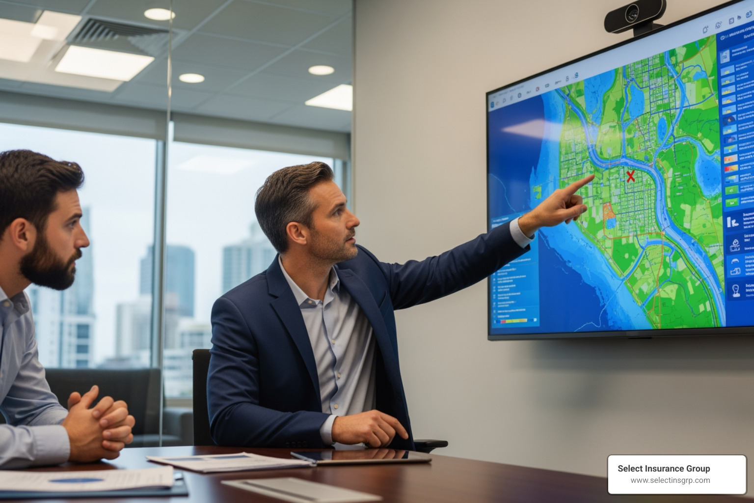 business owner looking at a flood map - business flood insurance orlando fl