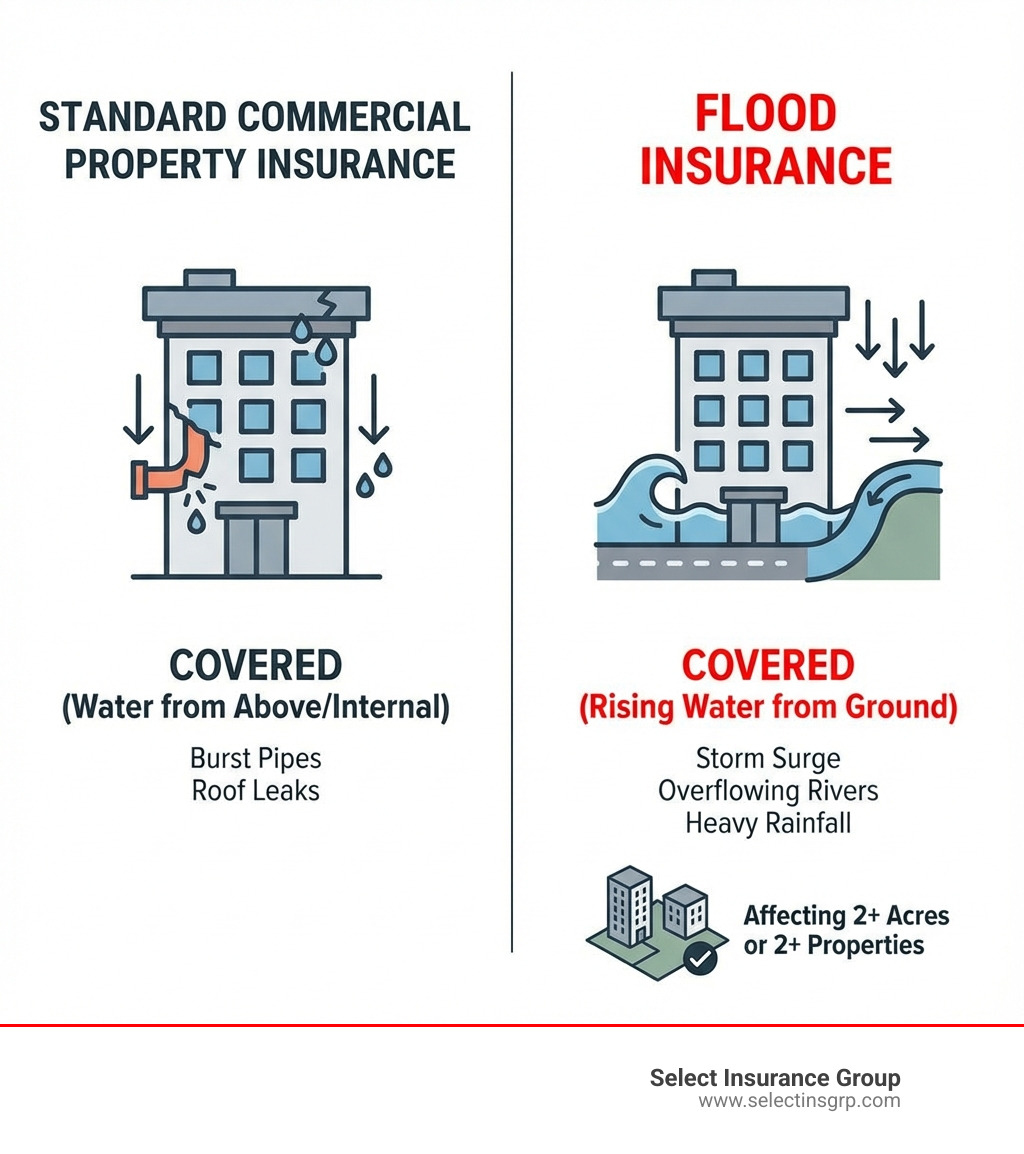 infographic comparing water damage versus flood damage coverage, showing standard commercial property insurance covers burst pipes and roof leaks from above, while flood insurance covers rising water from ground level, storm surge, overflowing rivers, and heavy rainfall affecting at least two acres or two properties - business flood insurance orlando fl infographic 