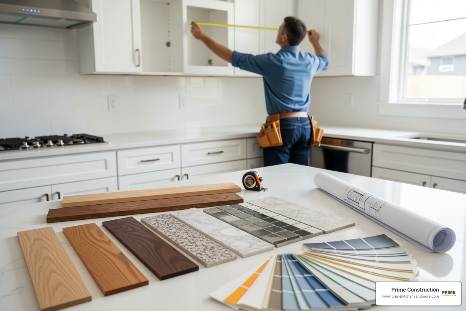 contractor measuring a kitchen space for cabinet installation with material samples in foreground - kitchen cabinet installation cost