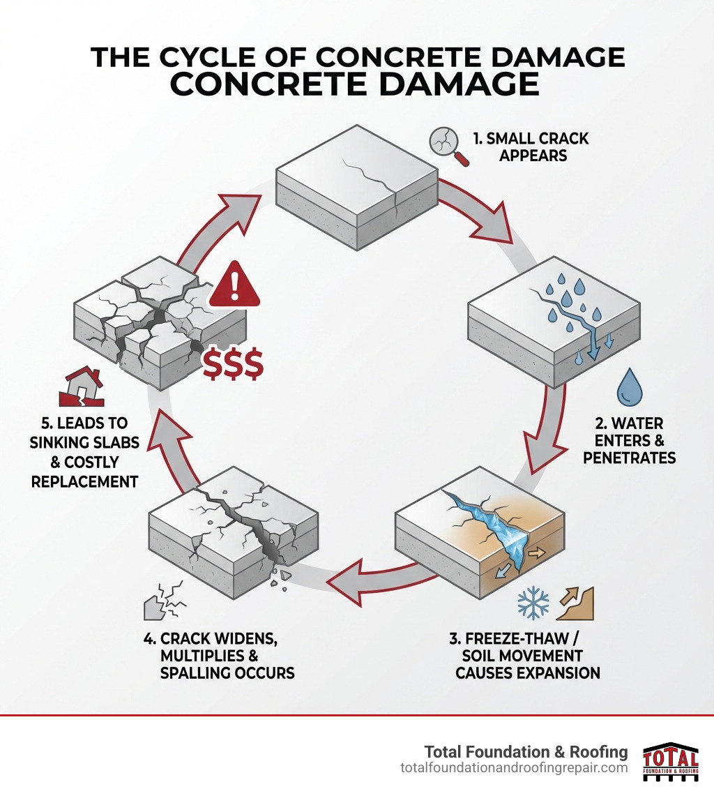 Infographic showing the cycle of concrete damage: Step 1 - Small crack appears in concrete surface; Step 2 - Water enters crack and penetrates beneath slab; Step 3 - Freeze-thaw cycle or soil movement causes expansion; Step 4 - Crack widens and multiplies, creating spalling and structural damage; Step 5 - Without repair, leads to sinking slabs and costly replacement - concrete driveway repair and sealing infographic 