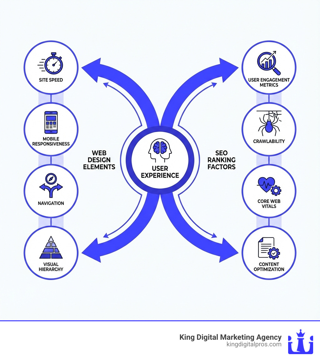 Infographic Showing The Relationship Between Web Design Elements (Site Speed, Mobile Responsiveness, Navigation, Visual Hierarchy) And Seo Ranking Factors (User Engagement Metrics, Crawlability, Core Web Vitals, Content Optimization), With User Experience At The Center Connecting Both - Website Designer And Seo Infographic 