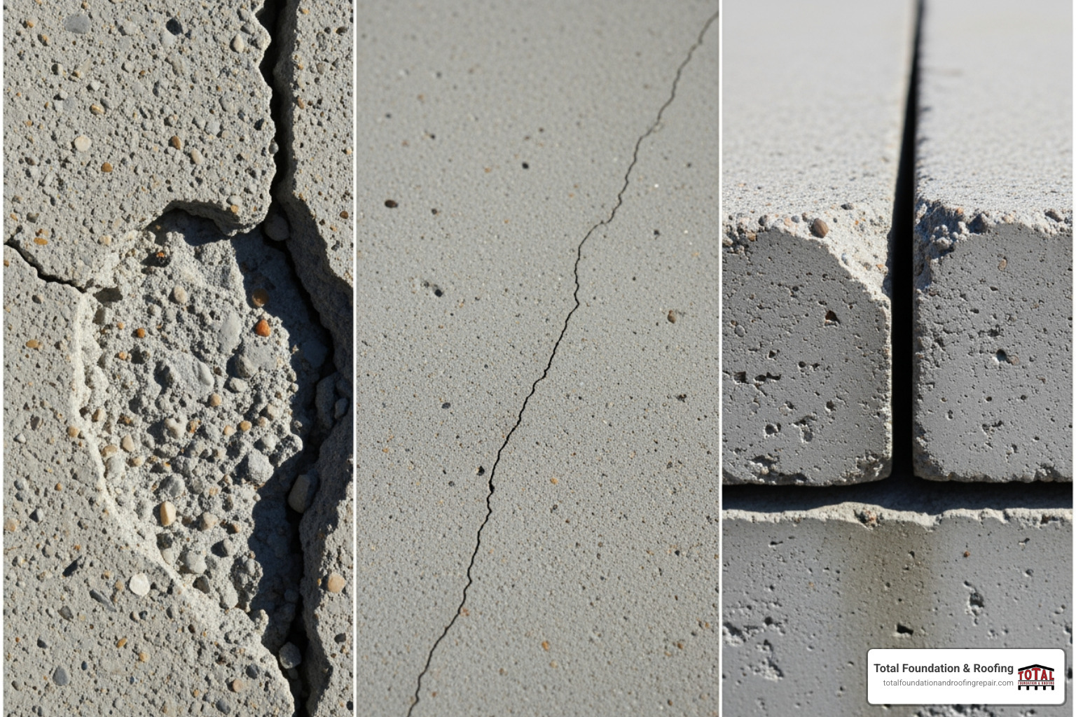 collage showing close-ups of spalling, a hairline crack, and an uneven concrete slab joint. - concrete driveway repair and sealing