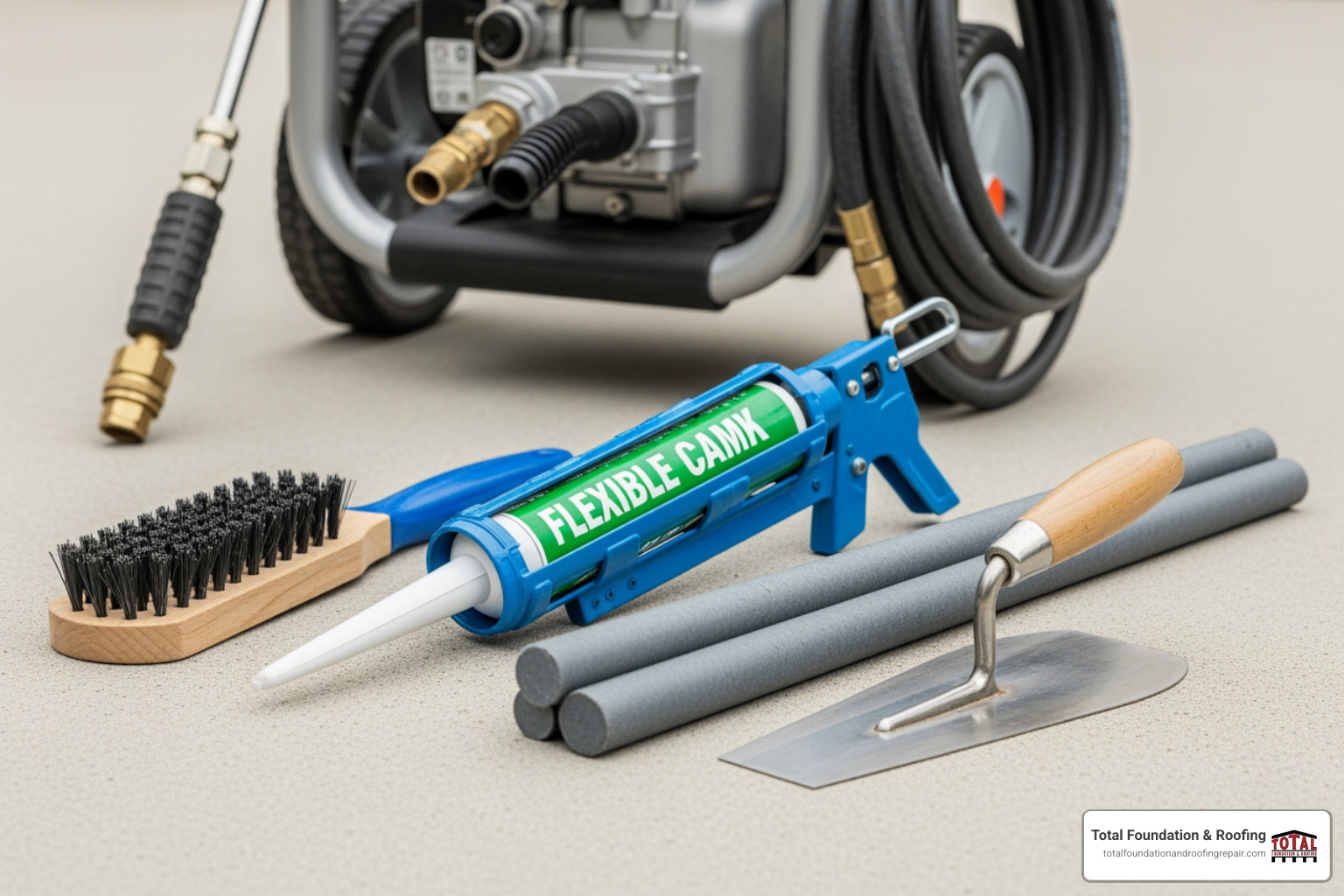 essential DIY tools and materials laid out: pressure washer, wire brush, caulk gun, flexible concrete caulk, backer rod, and a trowel - concrete driveway repair and sealing