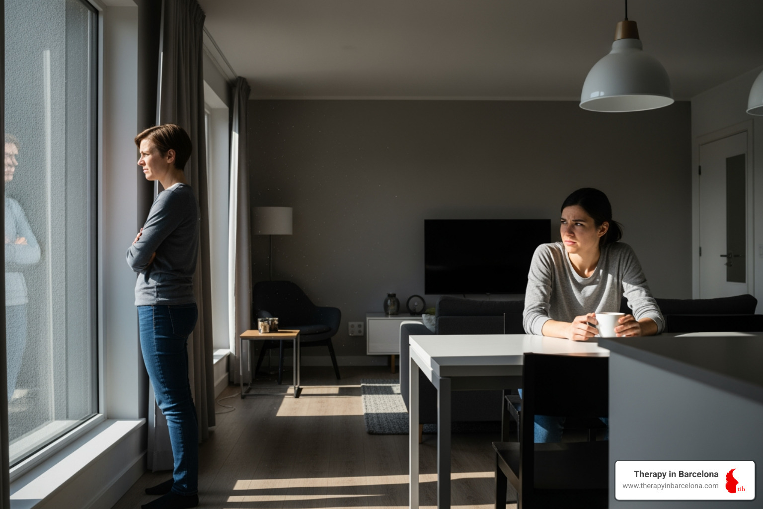 Couple having a tense non-verbal moment in their apartment - Couples therapy for expats Couple having a tense non-verbal moment in their apartment - Couples therapy for expats