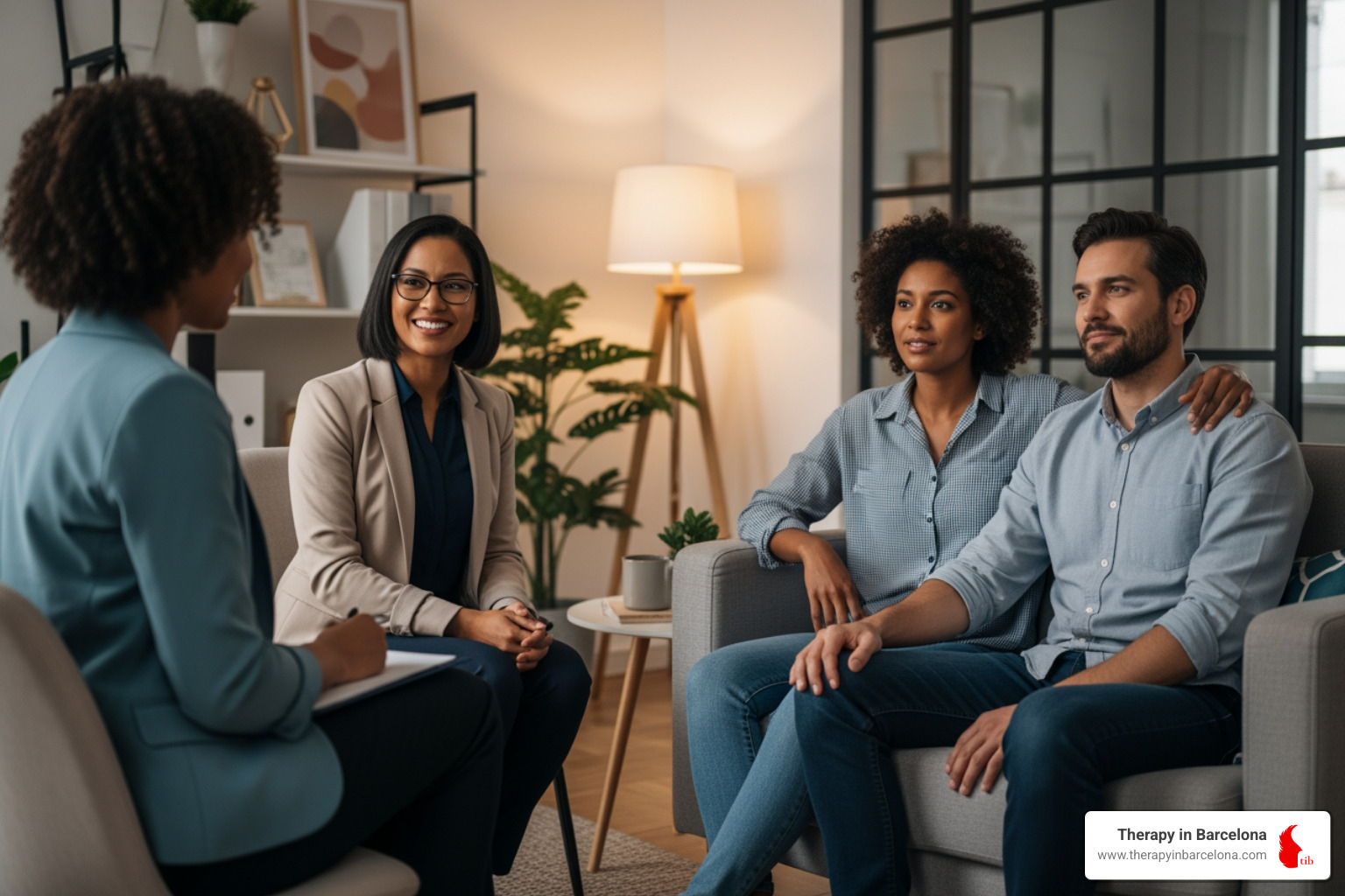 Therapist speaking with a couple in a warm, inviting office - Couples therapy for expats Therapist speaking with a couple in a warm, inviting office - Couples therapy for expats