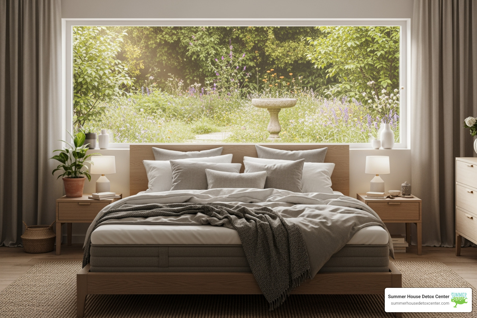 A comfortable, private room with a bed and a window overlooking a peaceful garden, emphasizing the serene environment of Summer House Detox Center's inpatient facility. - suboxone detox Florida