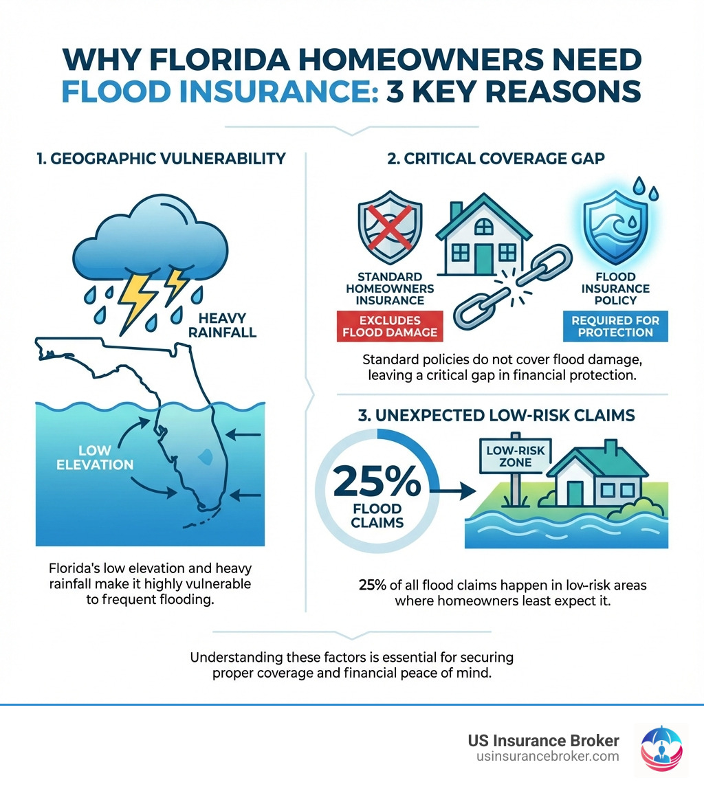 Infographic showing three key reasons Florida homeowners need flood insurance: Florida's geography makes it highly vulnerable to flooding with low elevation and heavy rainfall, standard homeowners insurance excludes flood damage leaving a critical coverage gap, and 25% of flood claims happen in low-risk areas where homeowners least expect it - how does flood insurance work in florida infographic Infographic showing three key reasons Florida homeowners need flood insurance: Florida's geography makes it highly vulnerable to flooding with low elevation and heavy rainfall, standard homeowners insurance excludes flood damage leaving a critical coverage gap, and 25% of flood claims happen in low-risk areas where homeowners least expect it - how does flood insurance work in florida infographic