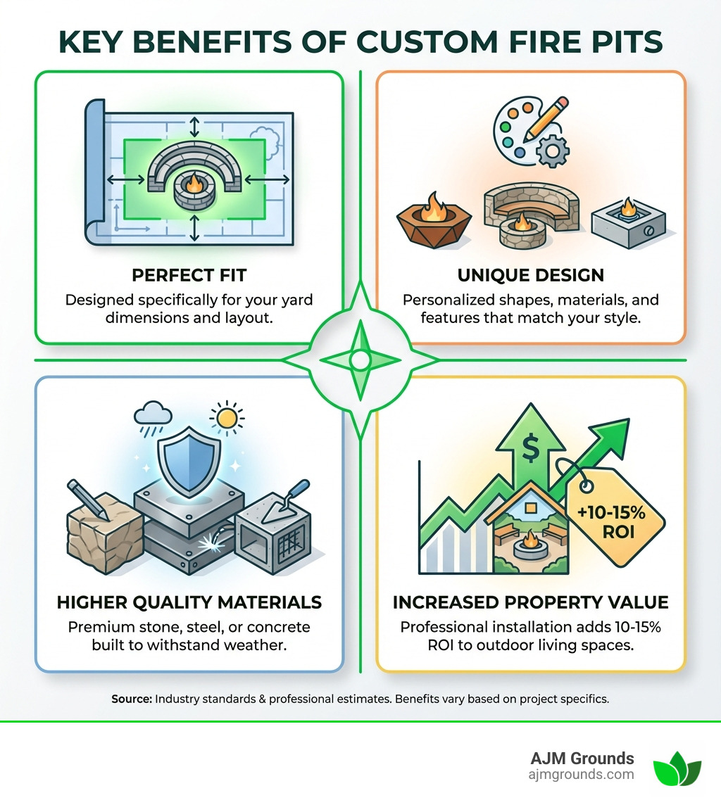 Infographic showing four key benefits of custom fire pits: Perfect Fit - designed specifically for your yard dimensions and layout; Unique Design - personalized shapes, materials, and features that match your style; Higher Quality Materials - premium stone, steel, or concrete built to withstand weather; Increased Property Value - professional installation adds 10-15% ROI to outdoor living spaces - custom fire pits near me infographic 