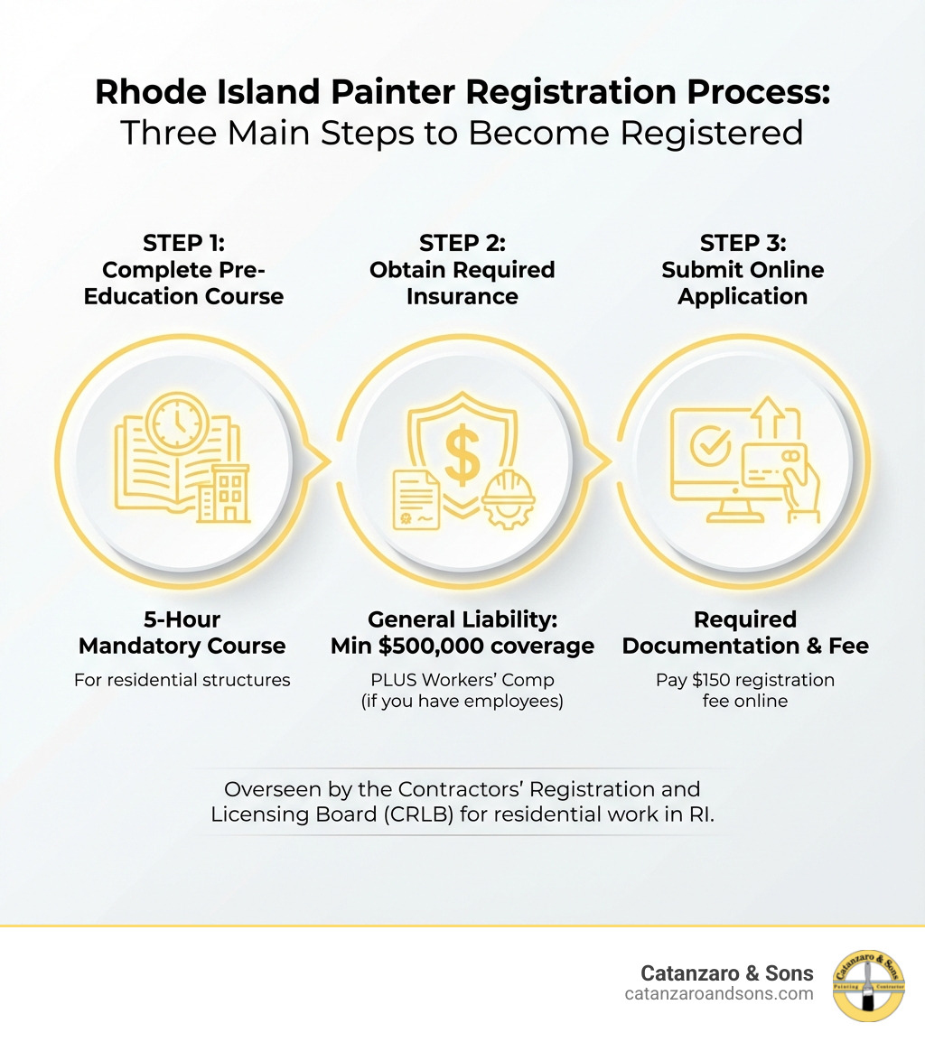 Rhode Island Painter Registration Process showing three main steps: 1) Complete 5-Hour Pre-Education Course for residential structures, 2) Obtain General Liability Insurance minimum $500,000 coverage plus Workers Comp if you have employees, 3) Submit Online Application with required documentation and pay $150 registration fee - painters license rhode island infographic Rhode Island Painter Registration Process showing three main steps: 1) Complete 5-Hour Pre-Education Course for residential structures, 2) Obtain General Liability Insurance minimum $500,000 coverage plus Workers Comp if you have employees, 3) Submit Online Application with required documentation and pay $150 registration fee - painters license rhode island infographic