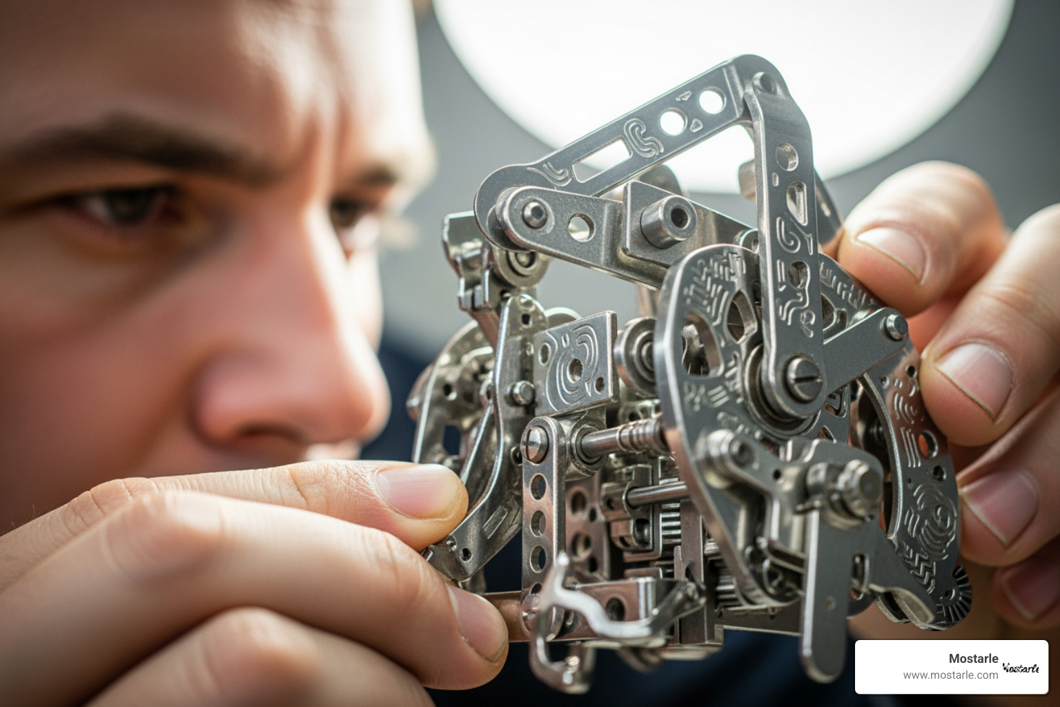 a person closely examining a complex Mostarle metal puzzle - difficult metal puzzles