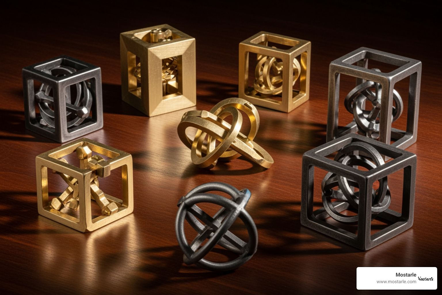 a collection of different types of difficult Mostarle metal puzzles - difficult metal puzzles