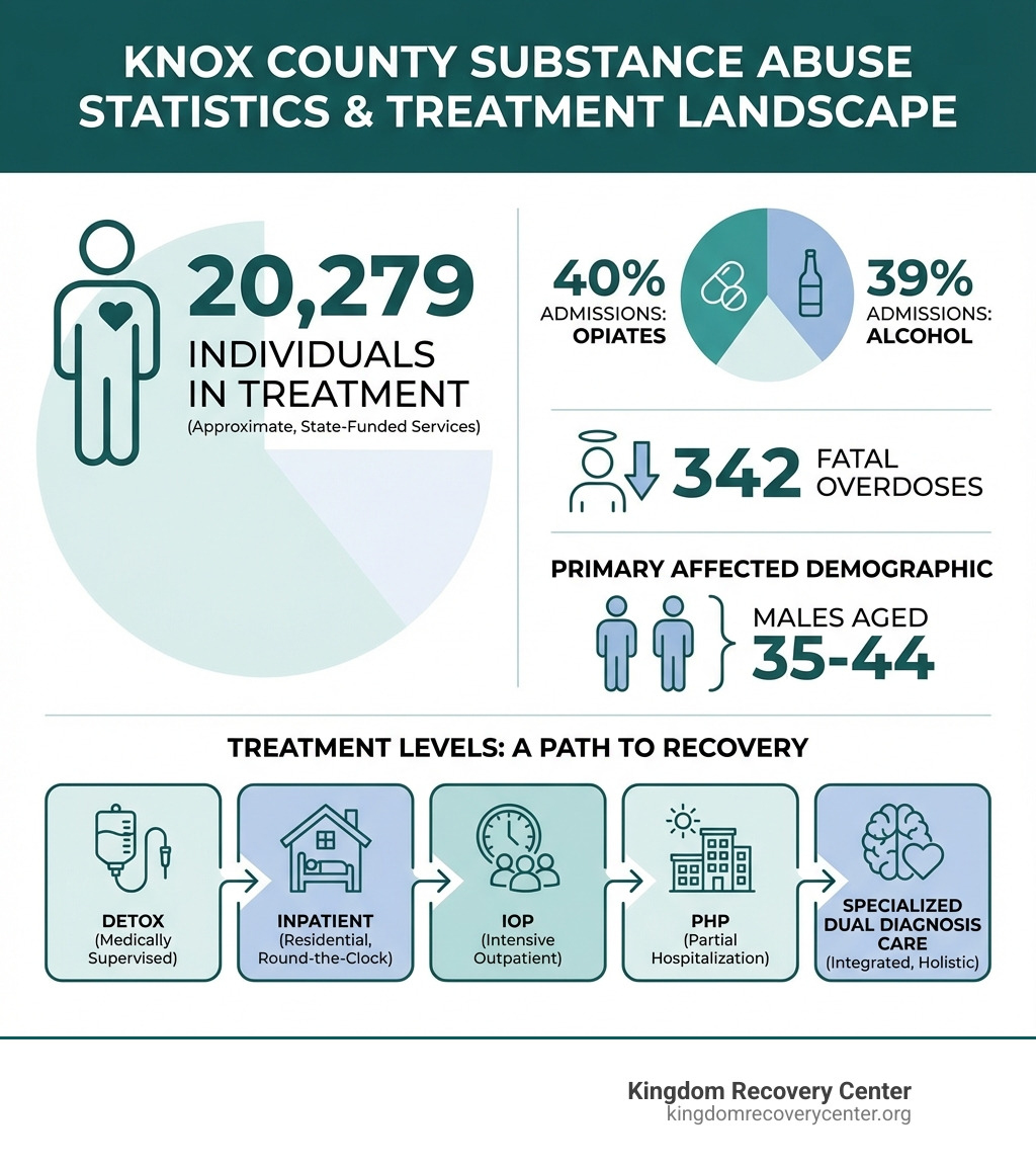 Infographic showing Knox County substance abuse statistics: 20,279 individuals in treatment, 40% of admissions for opiates, 39% for alcohol, 342 fatal overdoses, primary affected demographic males aged 35-44, and breakdown of treatment levels including detox, inpatient, IOP, PHP, and specialized dual diagnosis care - drug rehab Knox county tn infographic 