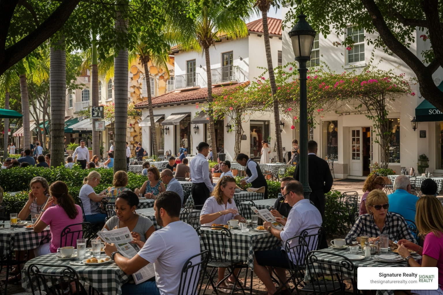 People enjoying an outdoor cafe on Commodore Plaza - coconut grove commercial real estate People enjoying an outdoor cafe on Commodore Plaza - coconut grove commercial real estate