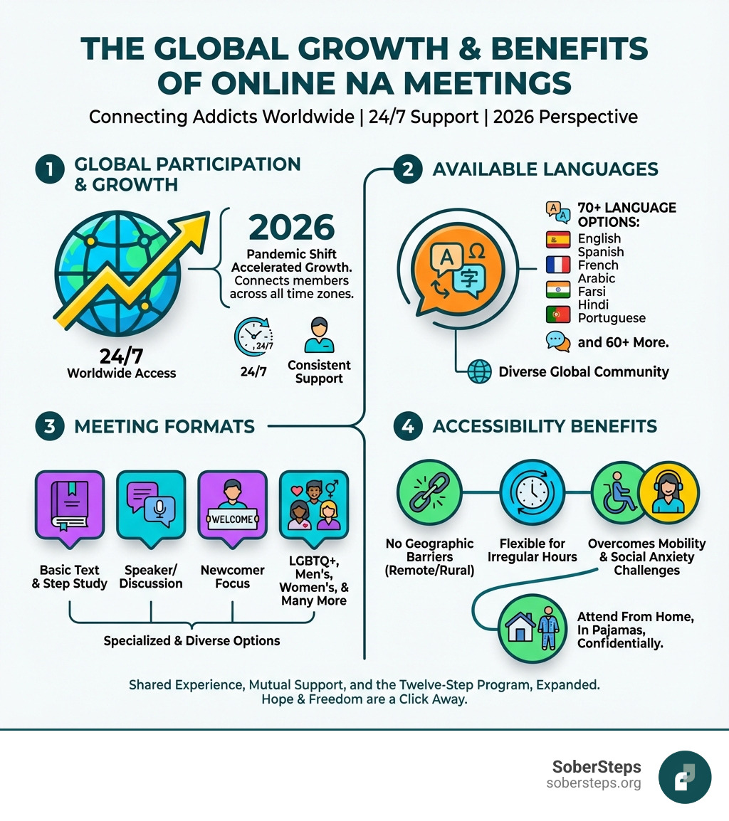 infographic showing growth of online NA meetings with statistics on global participation, available languages, meeting formats, and accessibility benefits - Online NA meetings infographic 