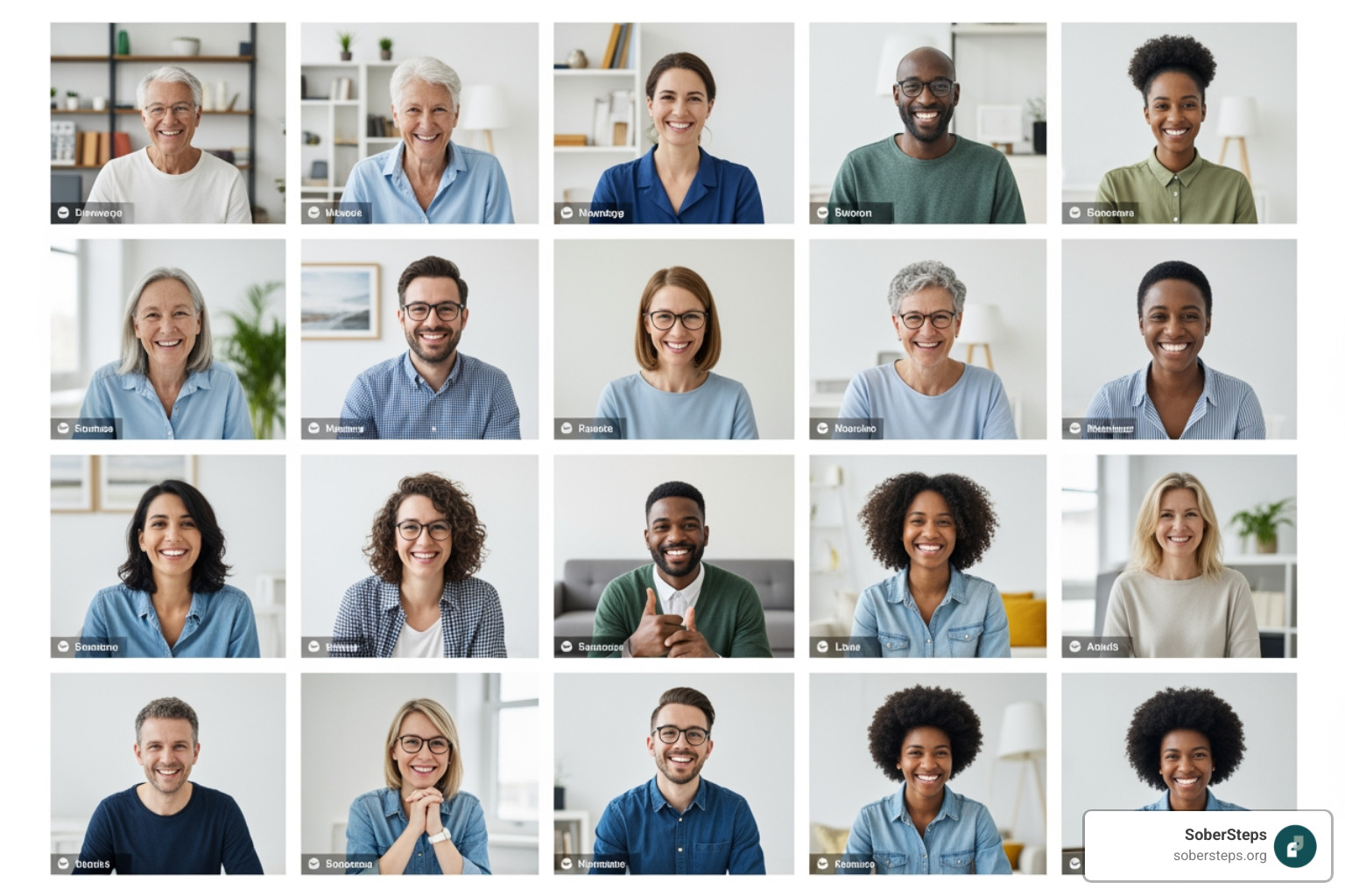 diverse group of people in a grid-style video conference call, smiling and supportive - Online NA meetings