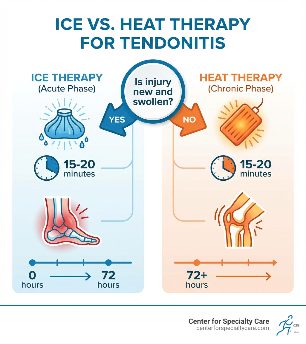 Infographic showing two columns: Left side labeled "ICE THERAPY (Acute Phase)" with icons showing ice pack, clock reading 15-20 minutes, swollen joint, and timeline 0-72 hours. Right side labeled "HEAT THERAPY (Chronic Phase)" with icons showing heating pad, clock reading 15-20 minutes, stiff joint, and timeline 72+ hours. Center shows decision point: "Is injury new and swollen?" with arrows pointing to appropriate therapy. - heat cold therapy for tendonitis infographic 