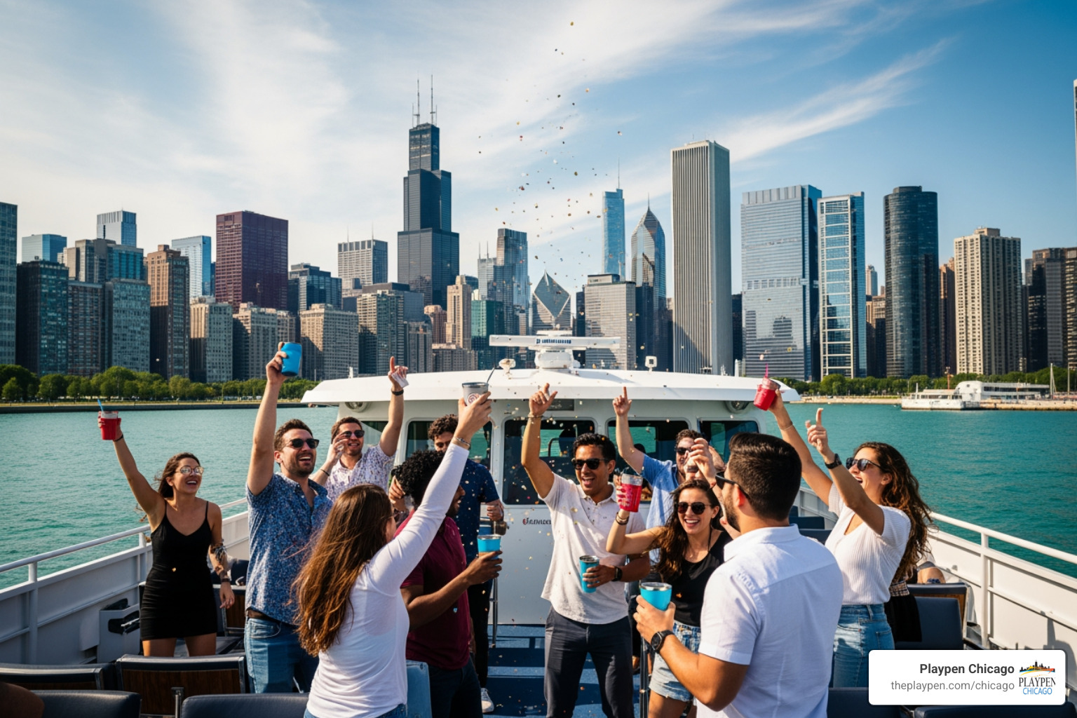 A group of friends celebrating on a party boat with the Chicago skyline in the distance during daytime - boat parties near navy pier chicago