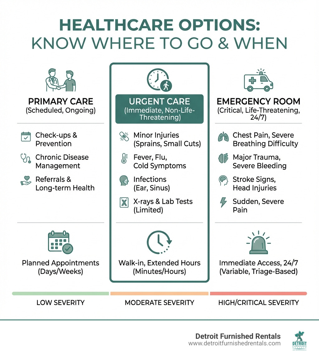 Infographic explaining the difference between urgent care, primary care, and emergency room visits - dmc urgent care detroit infographic Infographic explaining the difference between urgent care, primary care, and emergency room visits - dmc urgent care detroit infographic