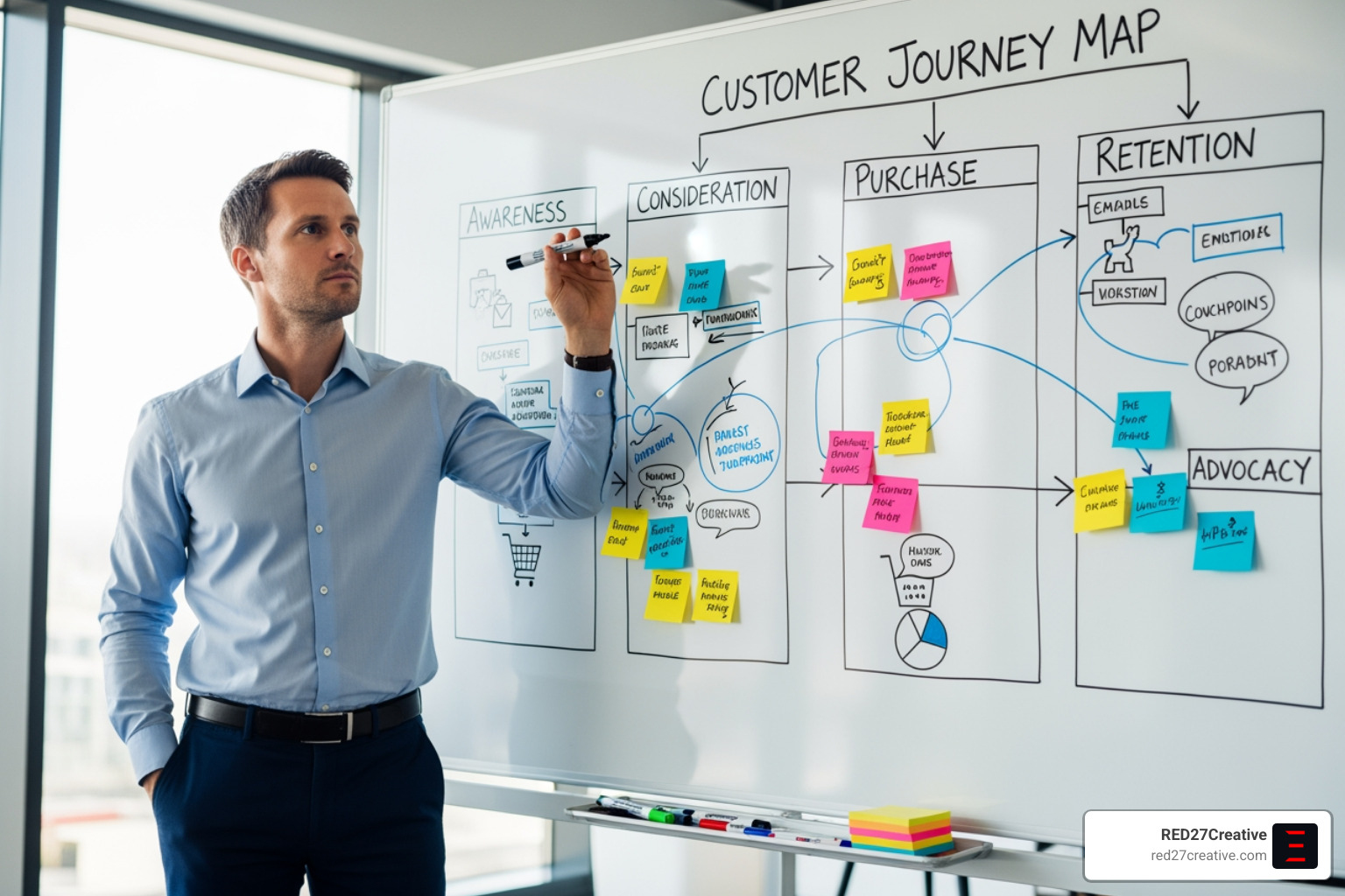 marketer analyzing a customer journey map on a whiteboard - Sales Funnel & Conversion Optimization marketer analyzing a customer journey map on a whiteboard - Sales Funnel & Conversion Optimization