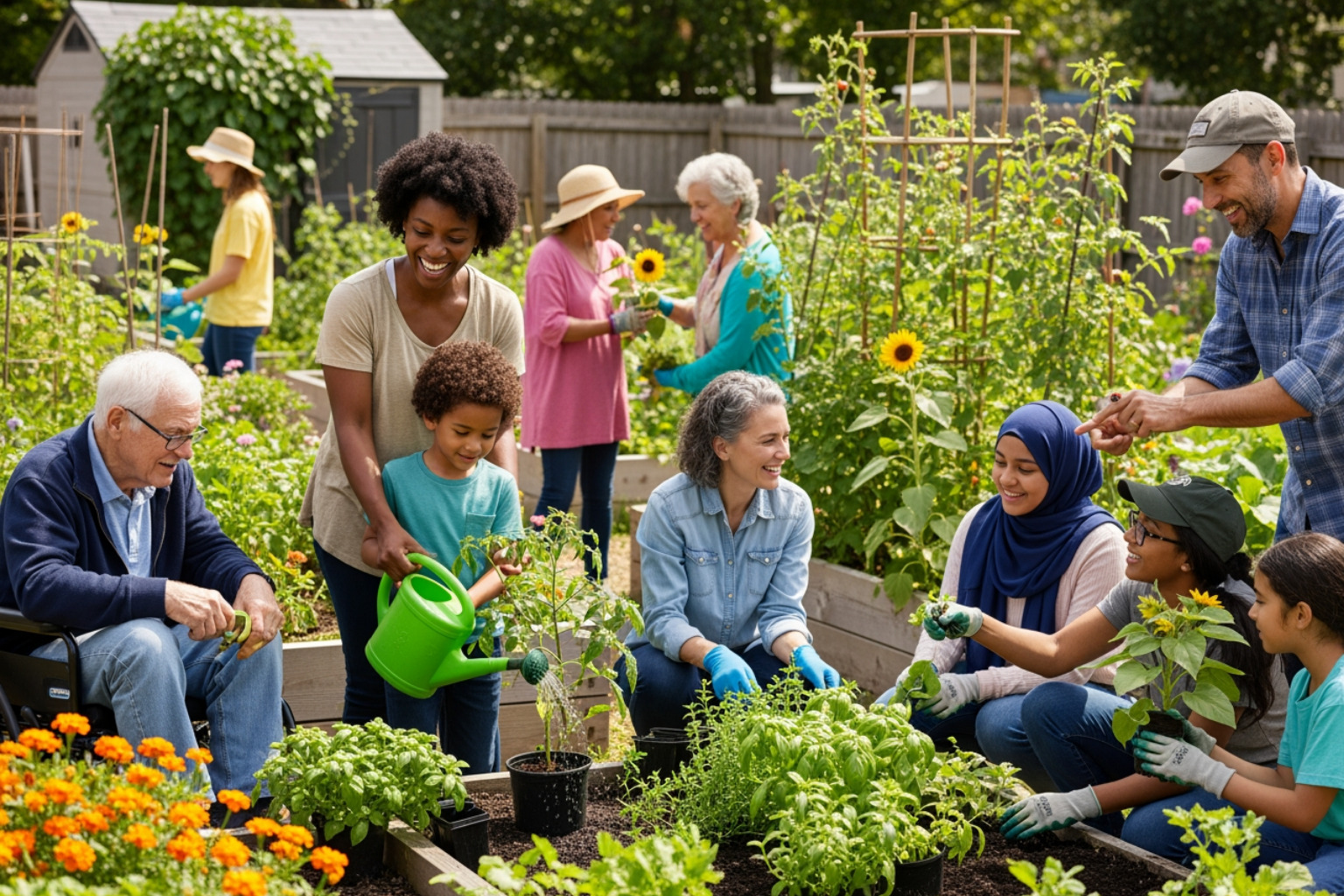 People of diverse ages and abilities participating in a community garden - community integration programs