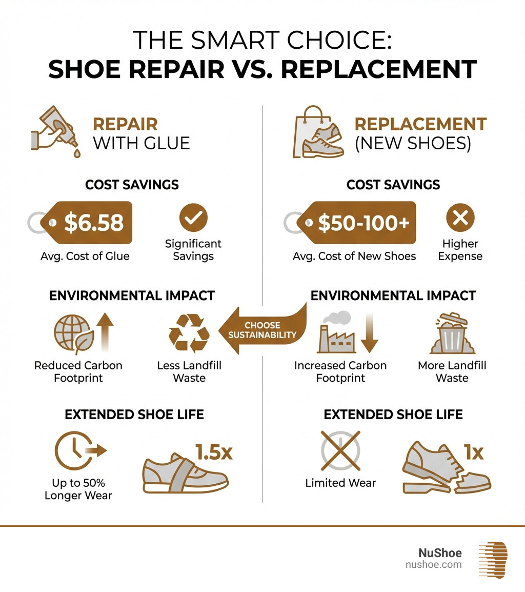 Infographic comparing shoe repair vs. replacement showing cost savings ($6.58 for glue vs. $50-100 for new shoes), environmental impact (reduced carbon footprint and landfill waste), and extended shoe life (up to 50% longer wear) - what is the best shoe glue infographic Infographic comparing shoe repair vs. replacement showing cost savings ($6.58 for glue vs. $50-100 for new shoes), environmental impact (reduced carbon footprint and landfill waste), and extended shoe life (up to 50% longer wear) - what is the best shoe glue infographic