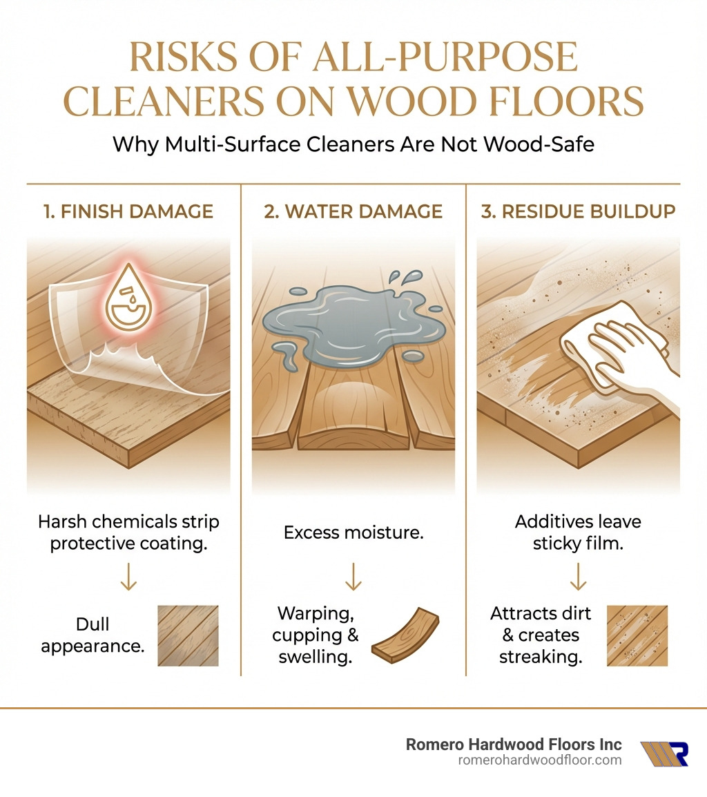 infographic showing three main risks: 1. Finish Damage - harsh chemicals strip protective coating leading to dull appearance, 2. Water Damage - excess moisture causes warping, cupping and swelling of wood planks, 3. Residue Buildup - additives leave sticky film that attracts more dirt and creates streaking - can i use all purpose cleaner on wood floor infographic 