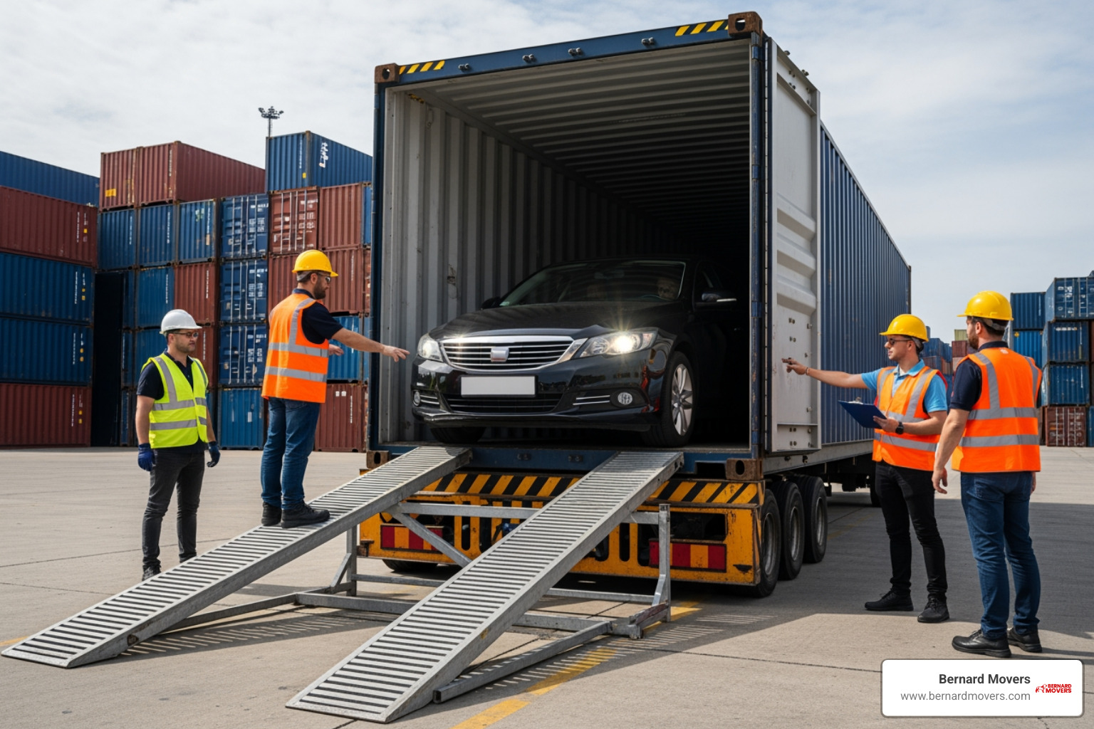 car being loaded into a shipping container - Cross border moving