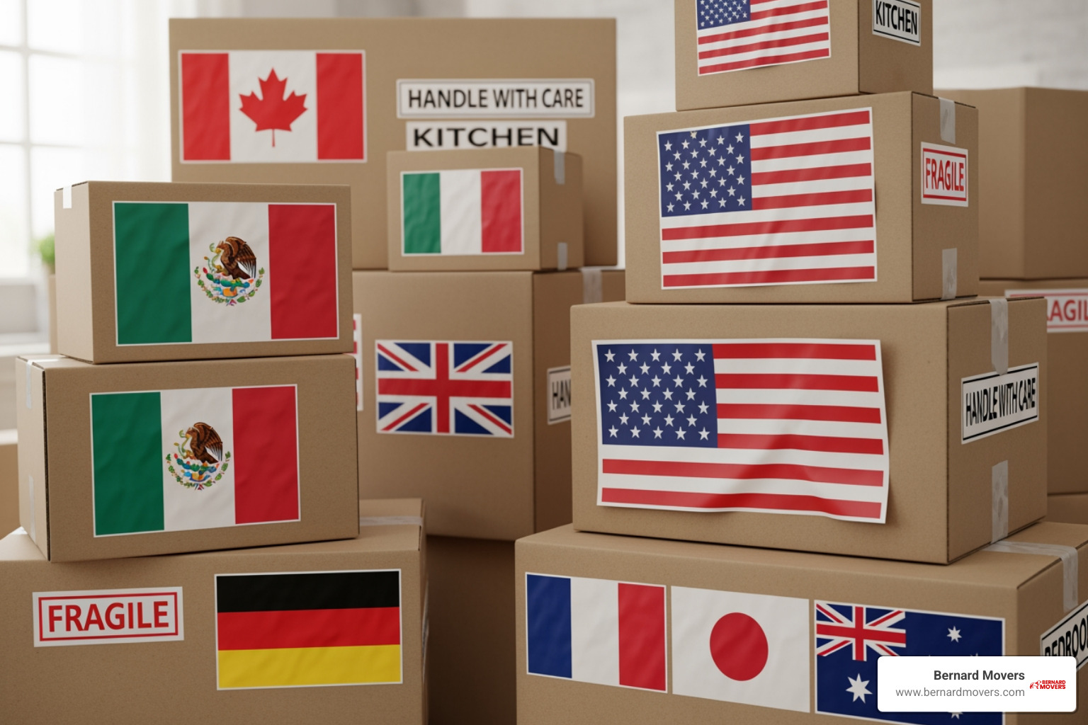 moving boxes with international flags - Cross border moving