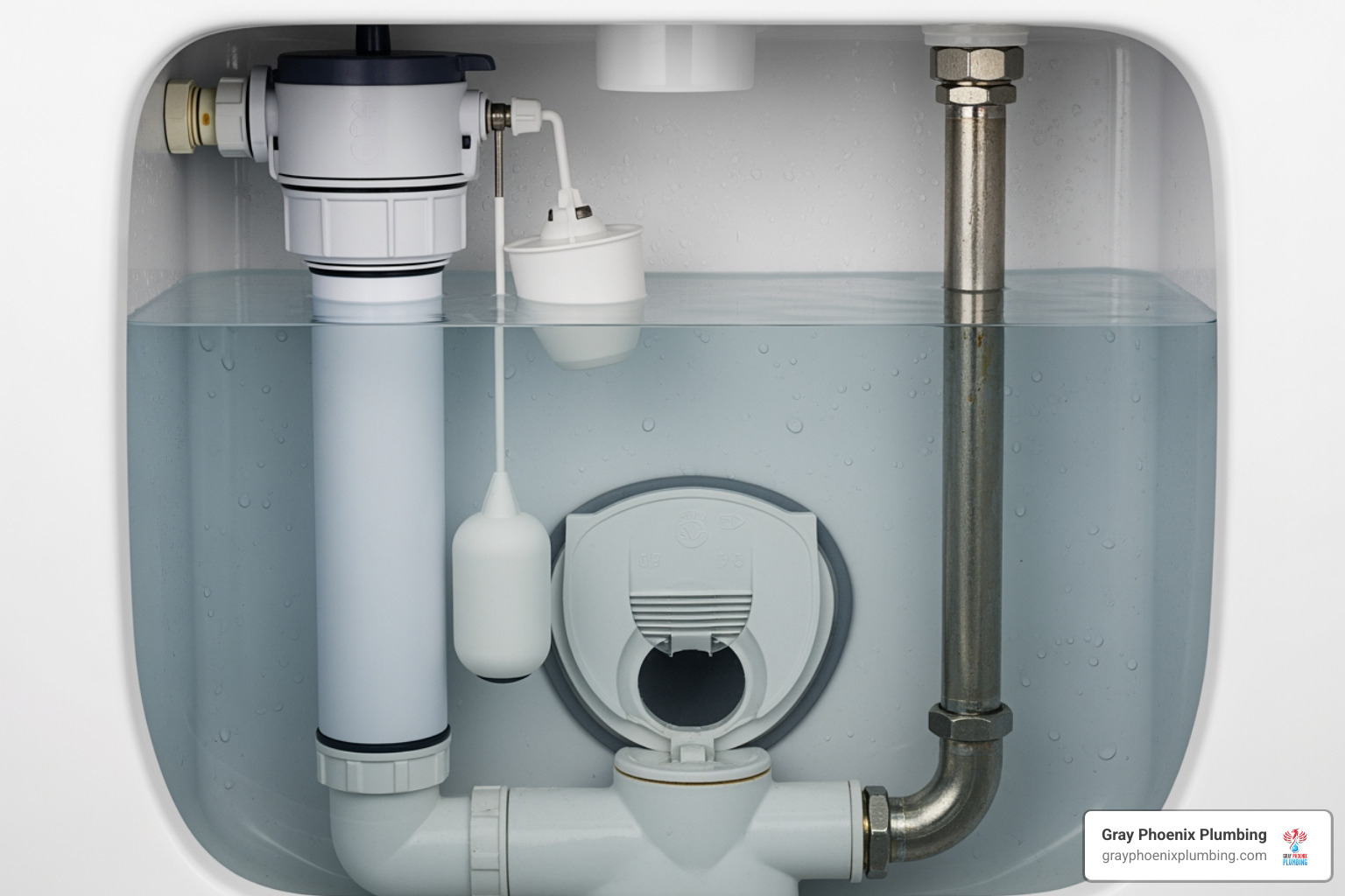 Inside of a toilet tank with various components labeled: fill valve, flapper, overflow tube, flush valve, float - checking for toilet leaks