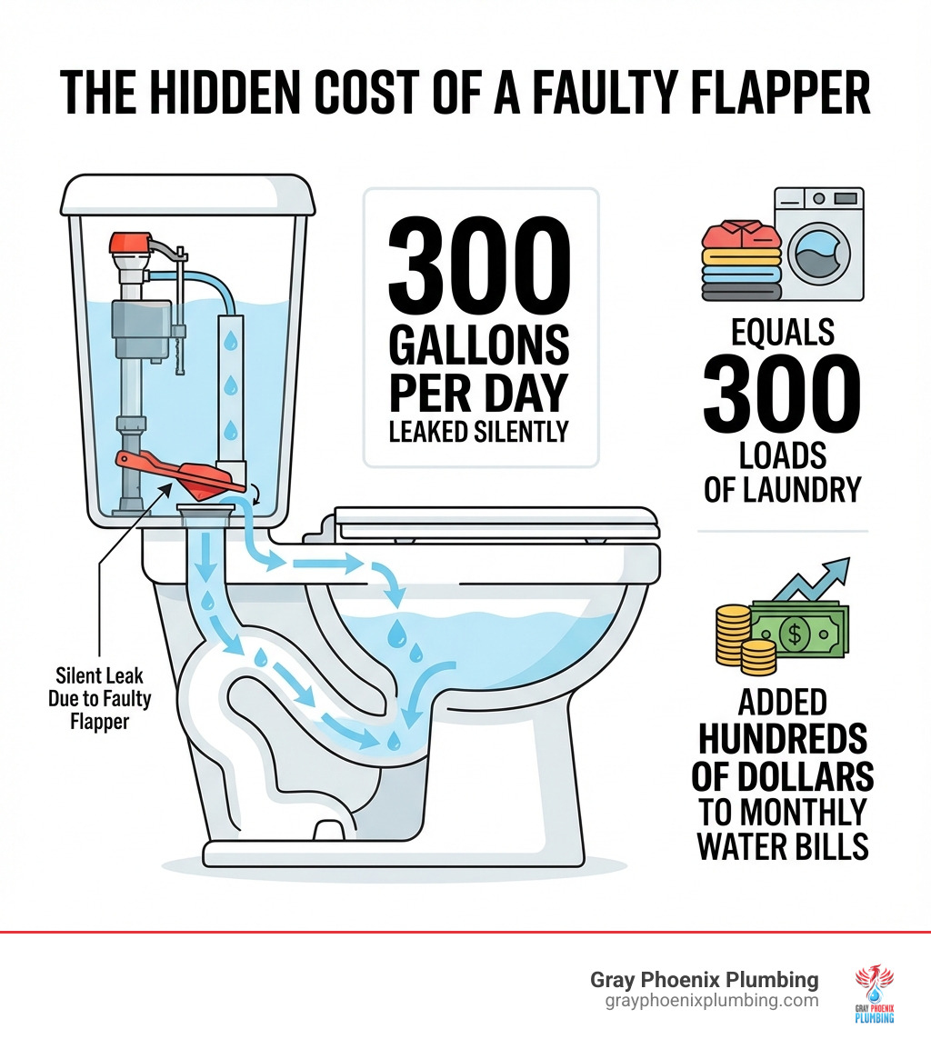 Infographic showing a cross-section of a toilet with arrows indicating water flow from tank to bowl, highlighting how a faulty flapper causes 300 gallons per day to leak silently, with visual comparison showing this equals 300 loads of laundry or added hundreds of dollars to monthly water bills - checking for toilet leaks infographic 