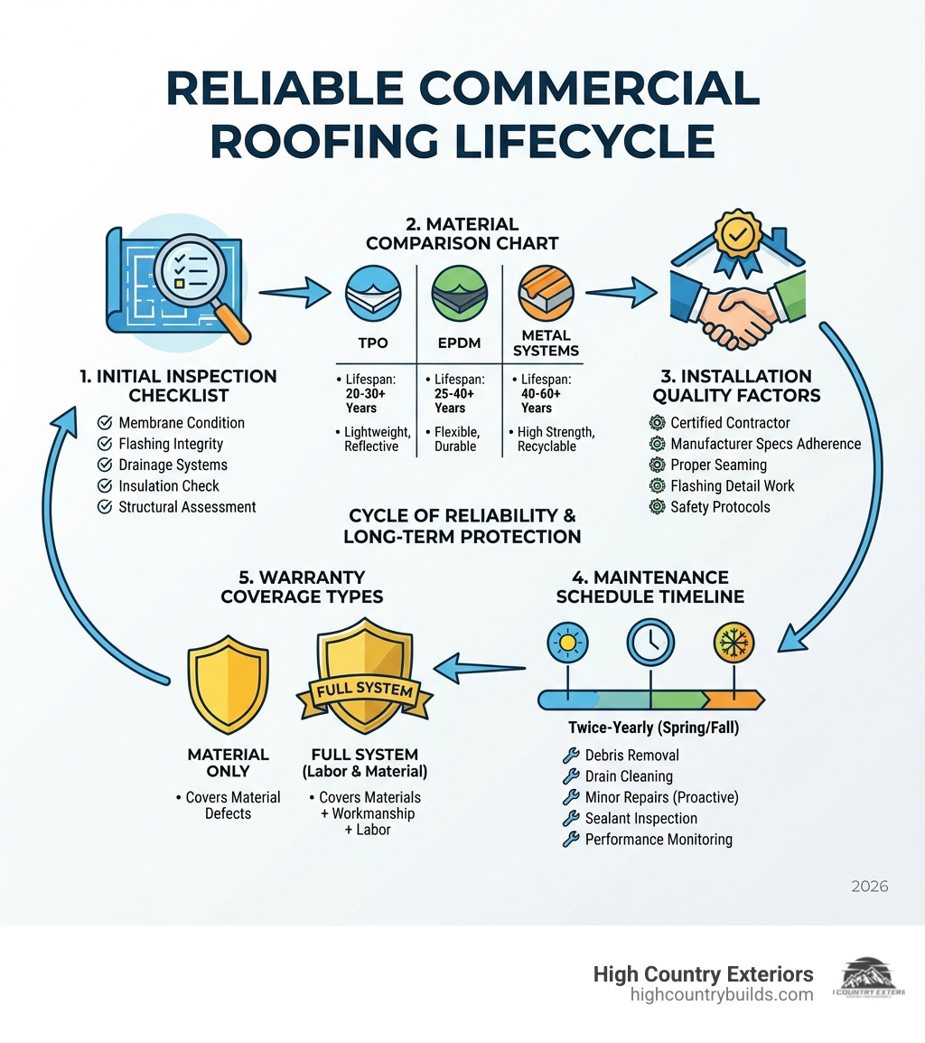 Infographic showing the complete lifecycle of reliable commercial roofing including initial inspection checklist, material comparison chart for TPO EPDM and metal systems with lifespans, installation quality factors, maintenance schedule timeline, and warranty coverage types - Reliable commercial roofing infographic 