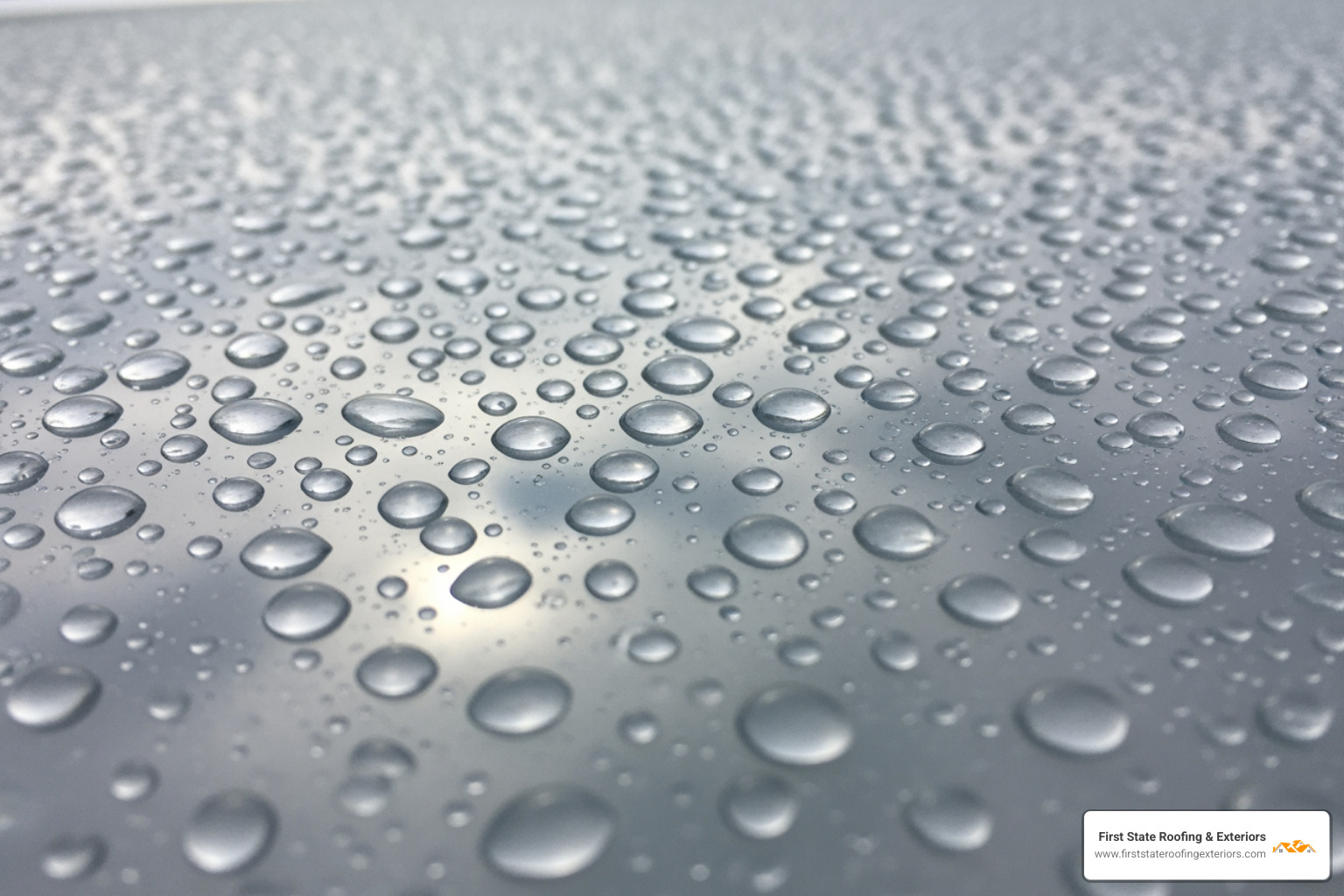 A fiberglass roof looking pristine after a heavy rainstorm, with water beading on the surface - fiberglass roofers near me