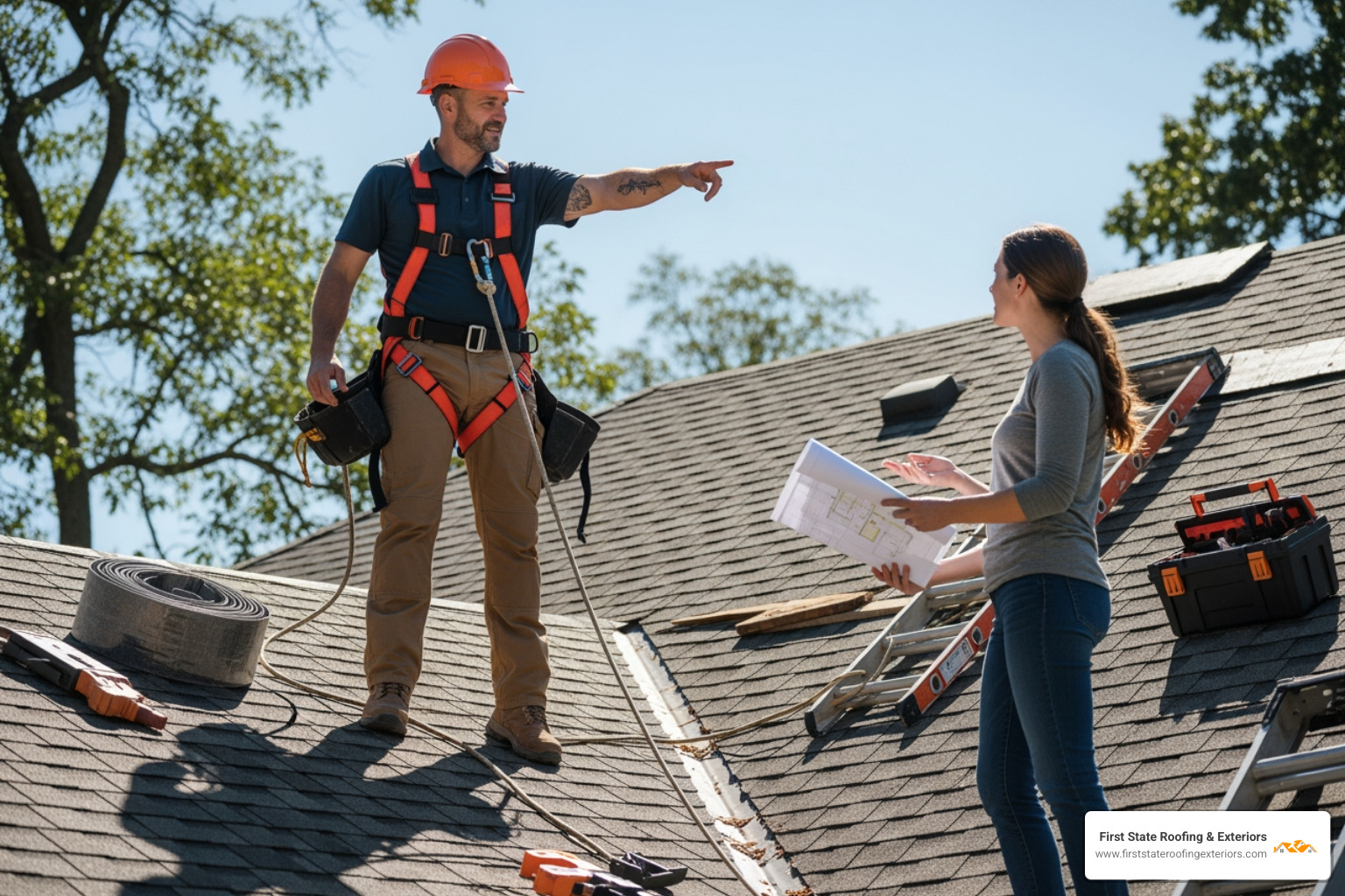 A professional roofer in a safety harness discusses a project with a homeowner on a sunny day - fiberglass roofers near me