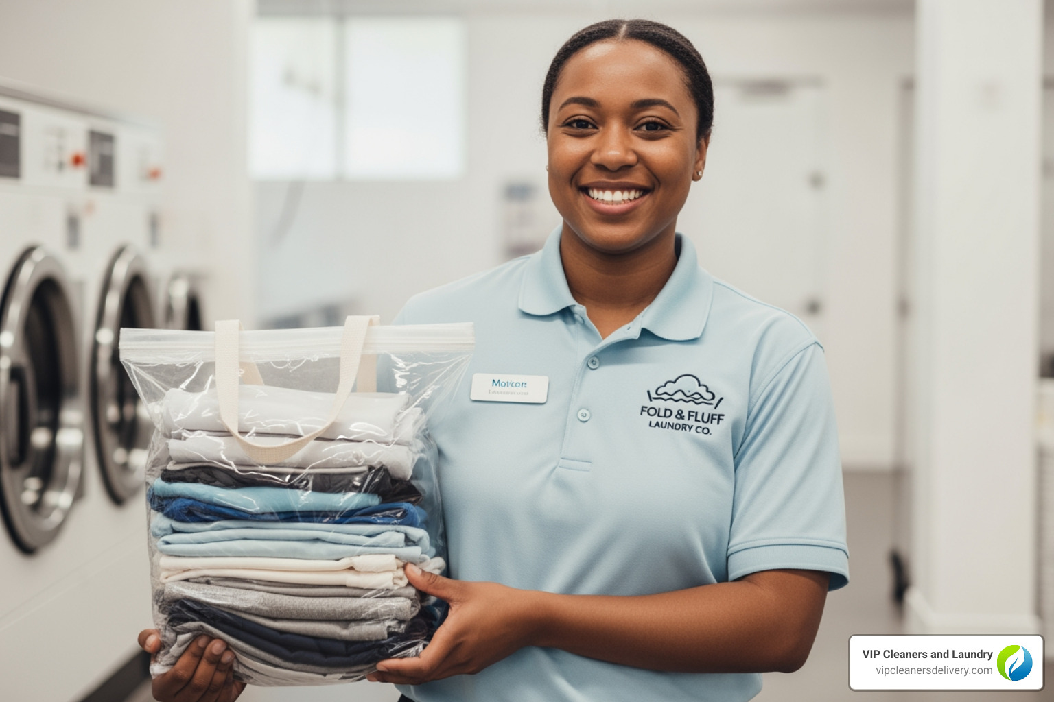 smiling laundry professional holding a bag of clean clothes - Fold and fluff service