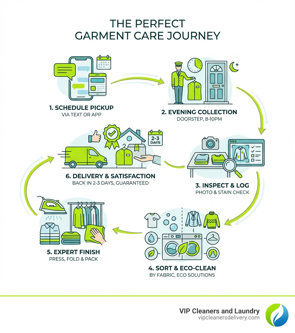 Infographic showing the complete journey of garment care: Customer schedules pickup via text or app, Valet collects items from doorstep between 8-10pm, Garments are photographed and inspected for stains, Items are sorted by fabric type and cleaning method, Professional cleaning using eco-friendly solutions, Expert pressing and folding, Quality check and packaging, Delivery back to customer's door within 24 hours for laundry or 2-3 days for dry cleaning, with satisfaction guarantee - perfect laundry and dry cleaning infographic brainstorm-6-items Infographic showing the complete journey of garment care: Customer schedules pickup via text or app, Valet collects items from doorstep between 8-10pm, Garments are photographed and inspected for stains, Items are sorted by fabric type and cleaning method, Professional cleaning using eco-friendly solutions, Expert pressing and folding, Quality check and packaging, Delivery back to customer's door within 24 hours for laundry or 2-3 days for dry cleaning, with satisfaction guarantee - perfect laundry and dry cleaning infographic brainstorm-6-items