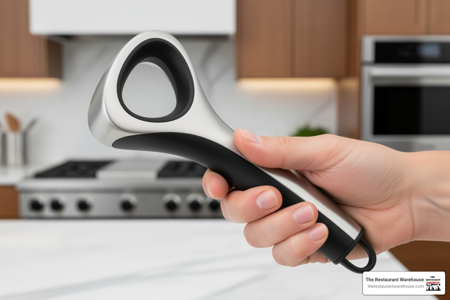 a hand holding a modern, ergonomic kitchen gadget, with a blurred background of a kitchen setting - Wholesale kitchen gadgets